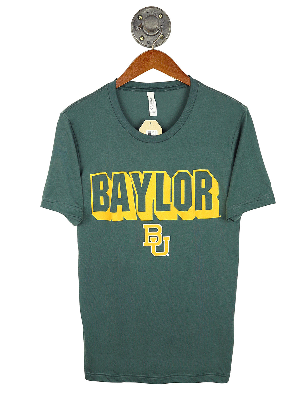 Green Baylor University unisex t-shirt that features gold block "Baylor" text with a Baylor University logo underneath.