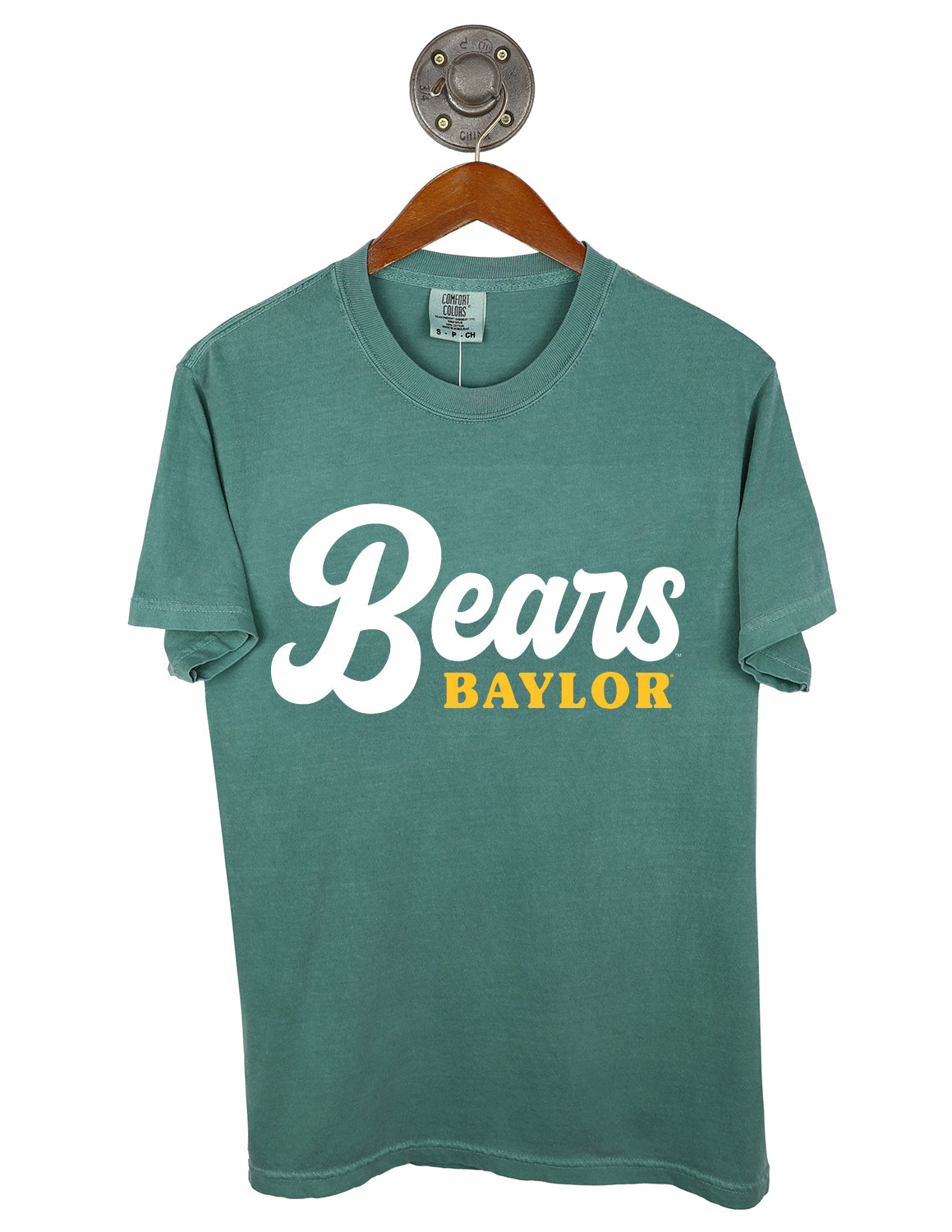 Green Baylor University unisex Comfort Colors t-shirt that features white and gold lettering on the front. 