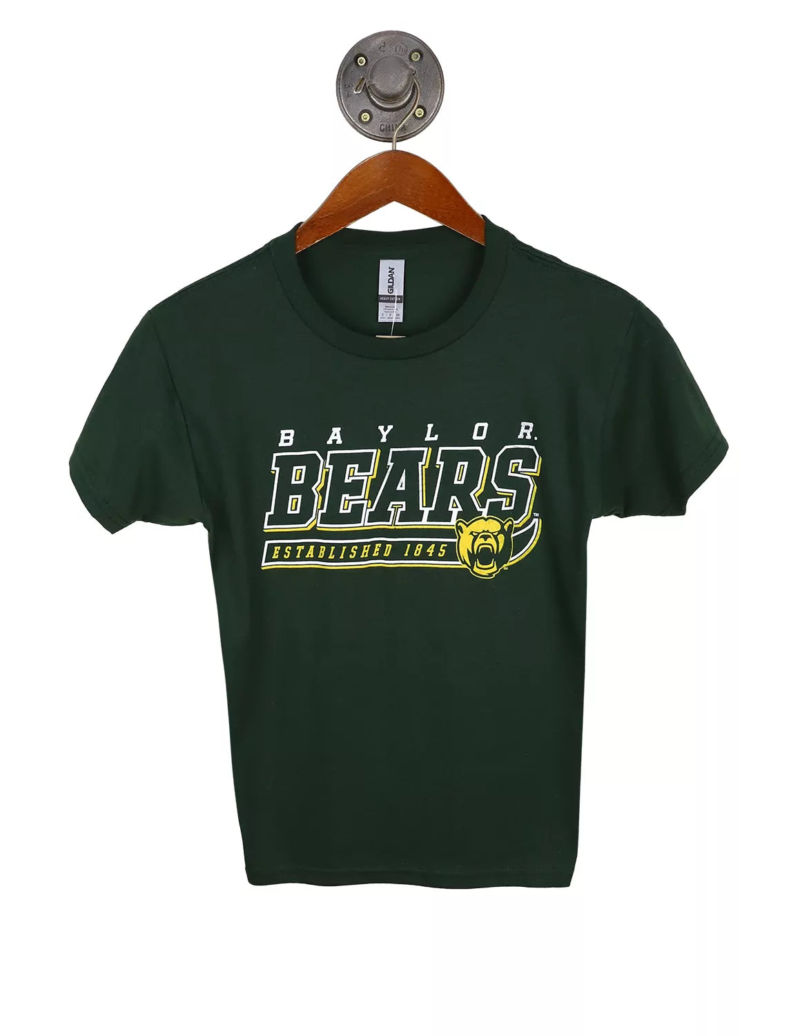 Forest green Baylor University youth short-sleeve t-shirt that features a Bears logo with white and gold lettering. 
