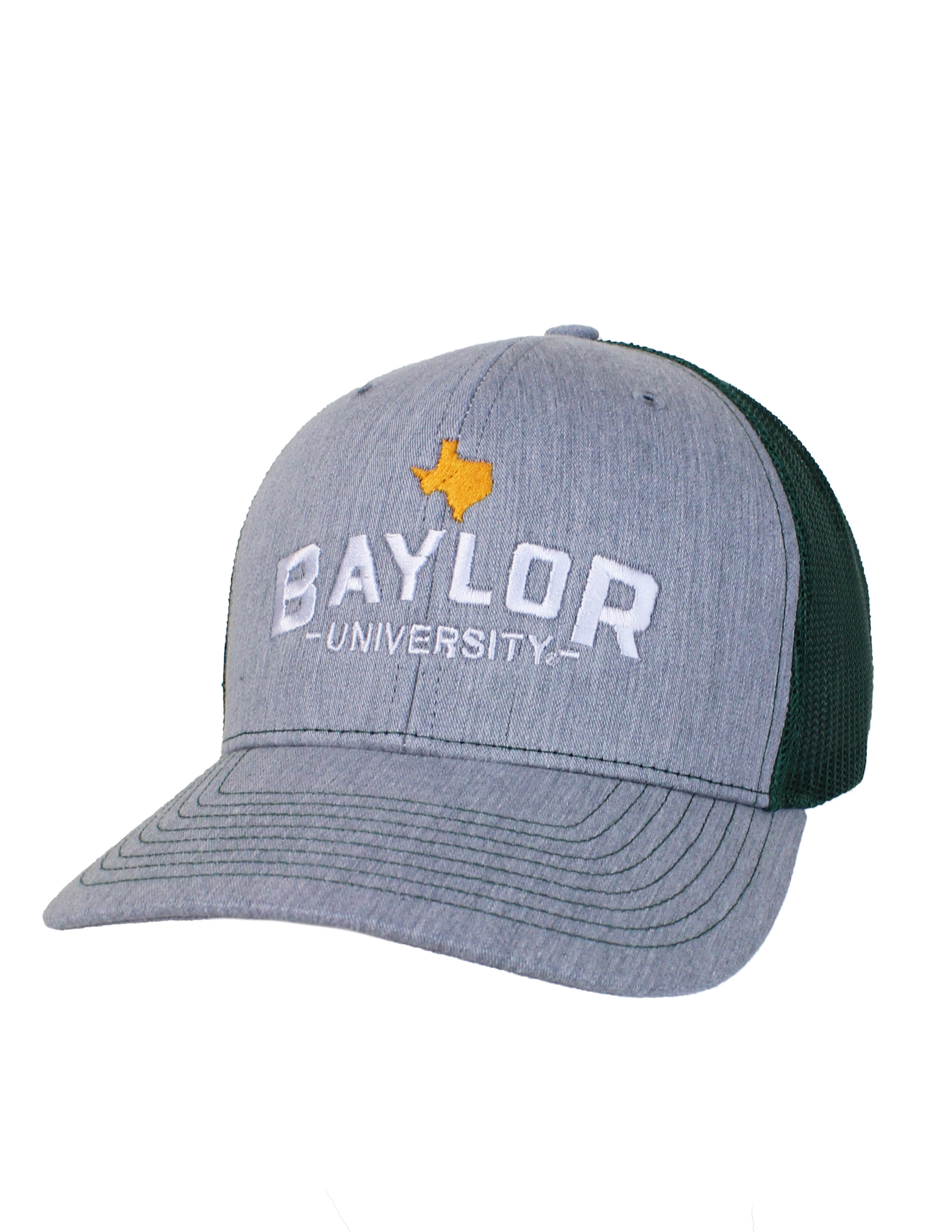 Grey Baylor University hat that features a green mesh back with white and gold stitching on the front. 