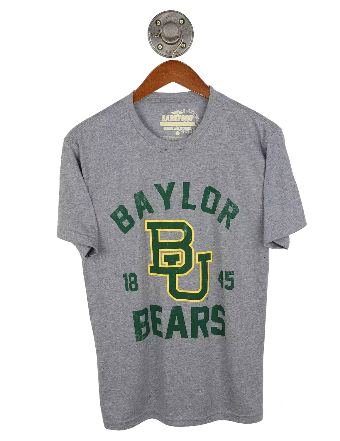 Heather grey Baylor University unisex short-sleeve t-shirt featuring a BU logo and green and gold lettering. 