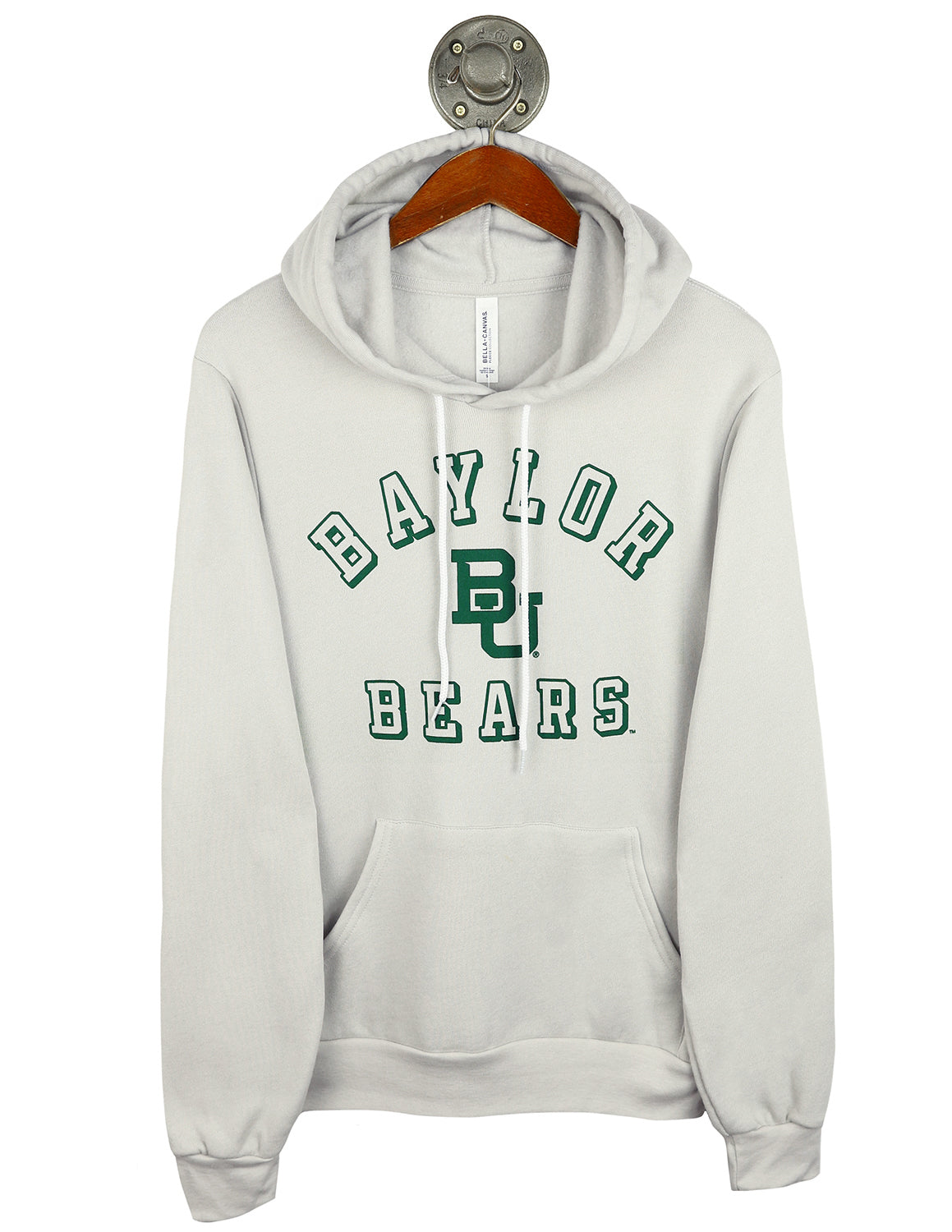 Heather dust Baylor University unisex hoodie that features green lettering with a BU logo in the center. 