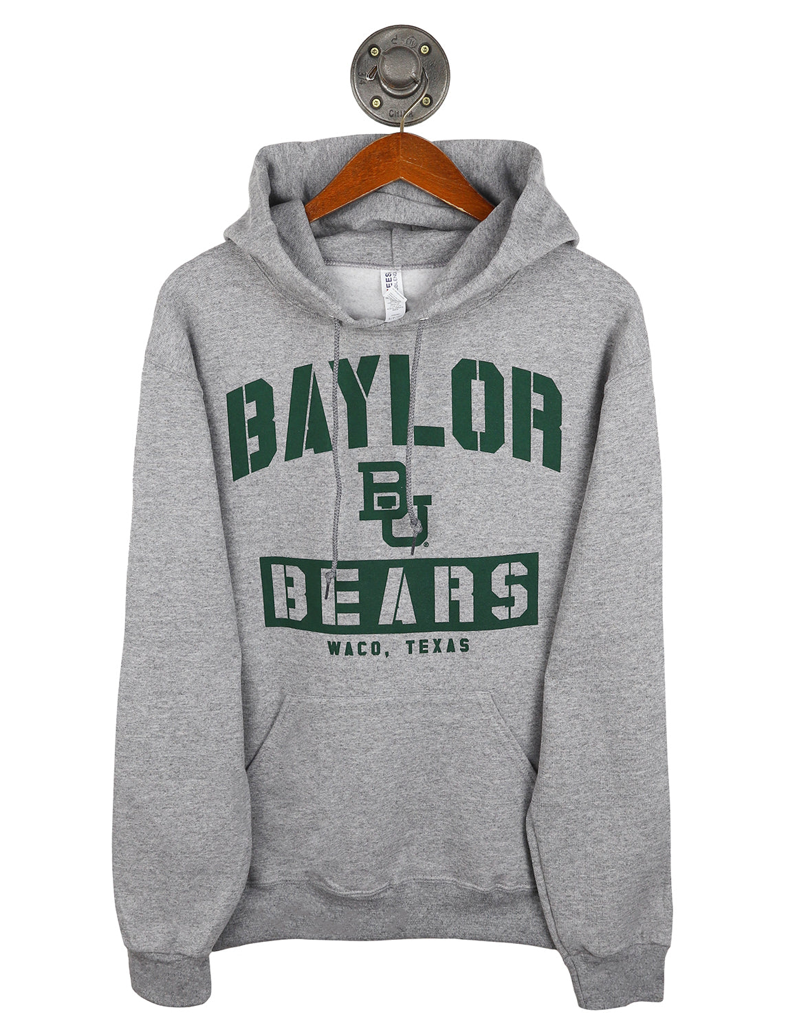 Heather grey Baylor University unisex hoodie that features a BU logo in the middle with green lettering. 