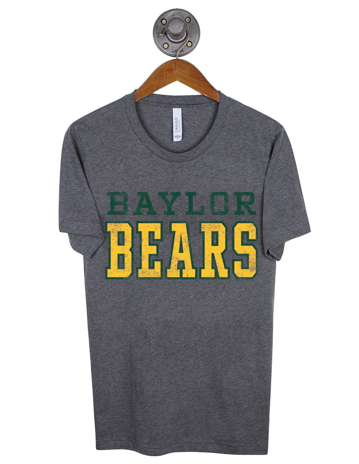 Heather grey Baylor University unisex short-sleeve t-shirt that features "Baylor Bears" text in green and gold.