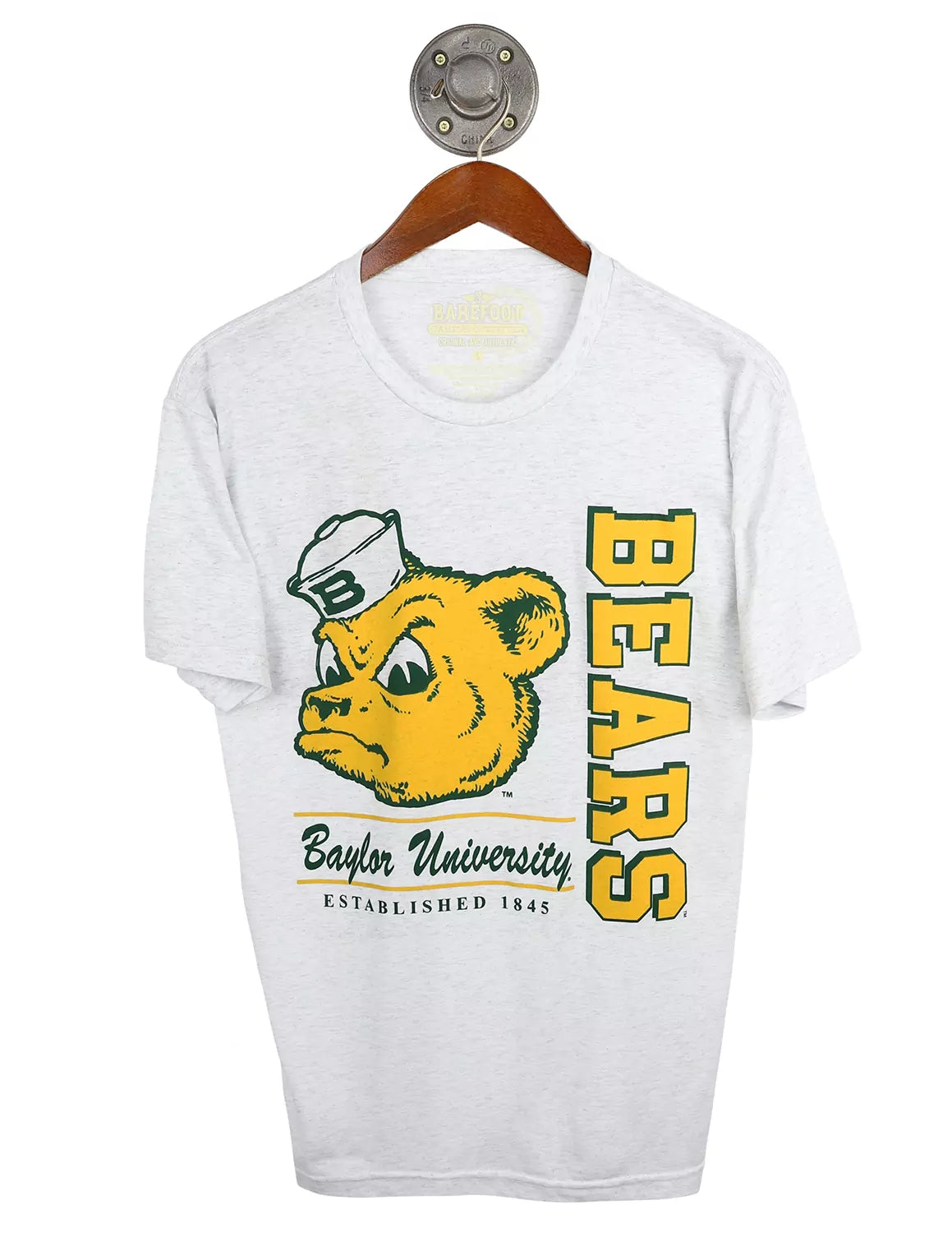 Heather white Baylor University unisex t-shirt with a Baylor Bear graphic and green and yellow lettering on the front. 