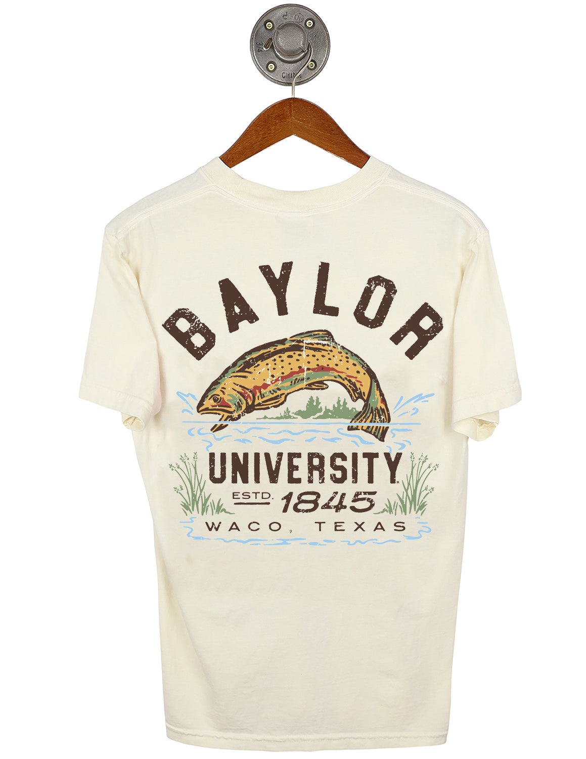 Front-view of ivory unisex Baylor University Comfort Colors t-shirt that features a bass jumping out of water graphic with brown lettering. 