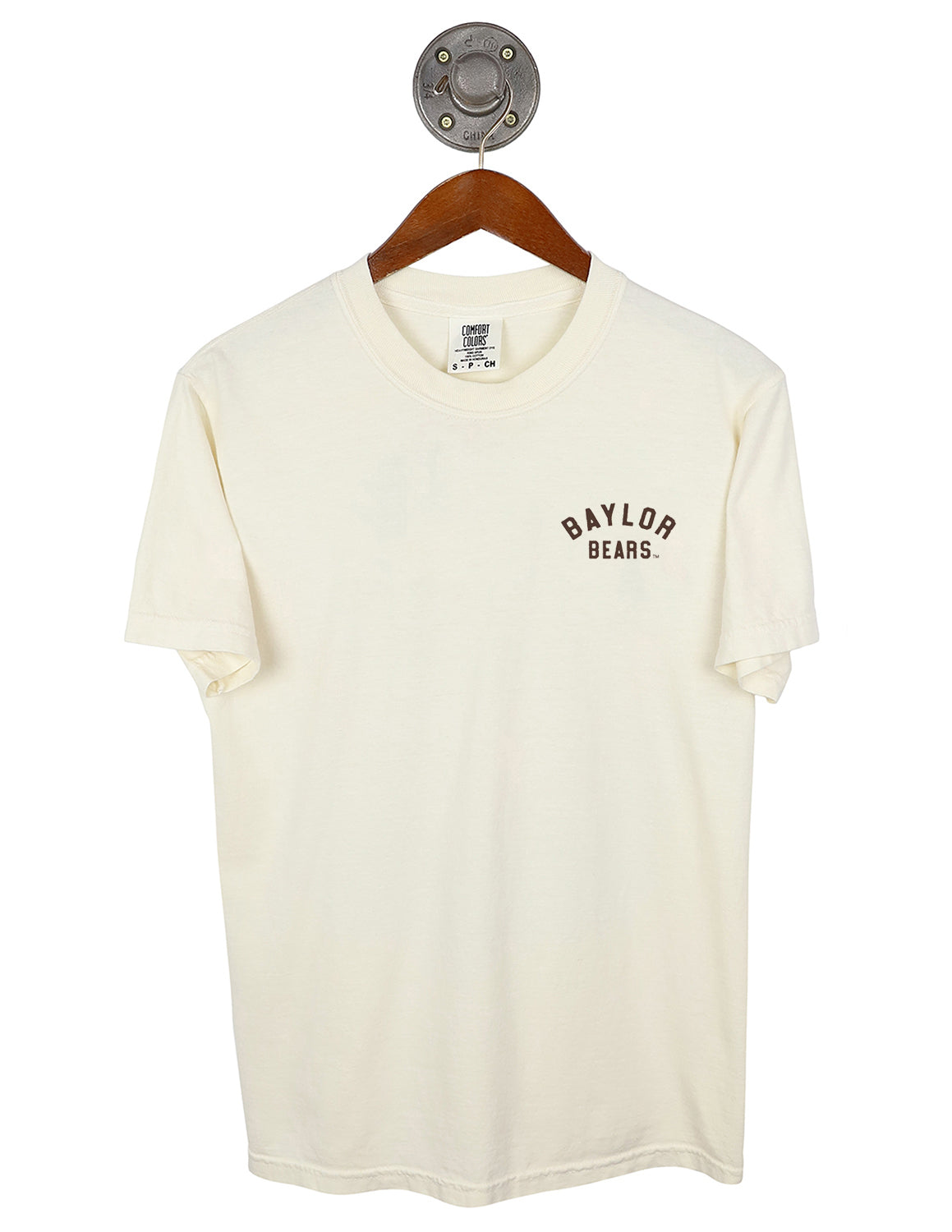 Front-view of ivory unisex Baylor University Comfort Colors t-shirt that features a left chest design with brown lettering. 