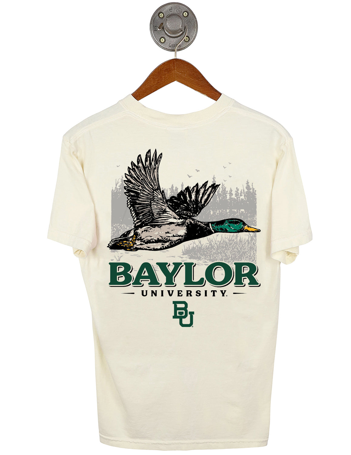 Back-view of ivory Baylor University unisex short-sleeve t-shirt that features a mallard duck flying against a marshy landscape graphic with green and black lettering underneath.