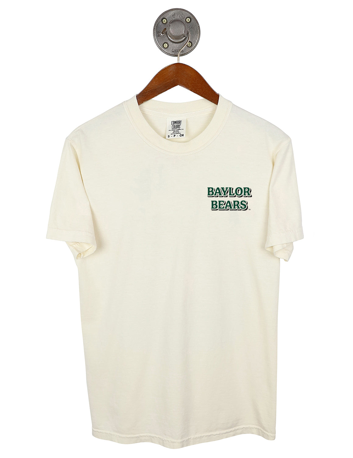 Ivory Baylor University unisex short-sleeve t-shirt that features a left chest design with green and black lettering. 