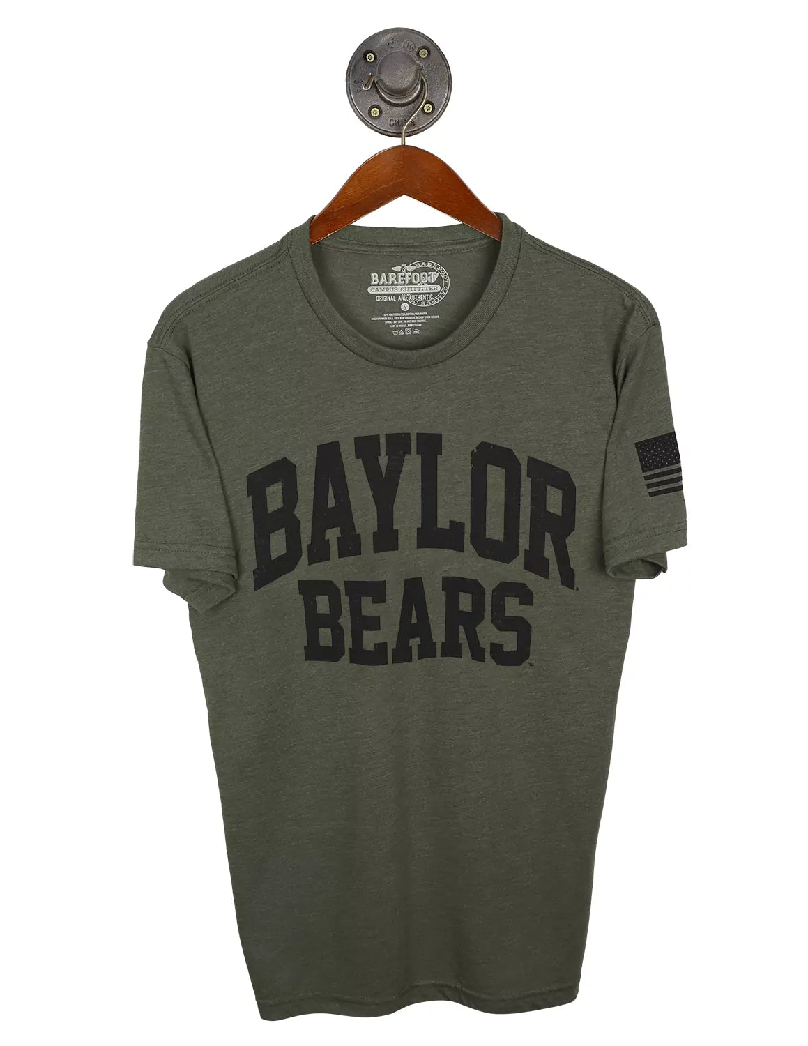 Military green unisex Baylor University t-shirt featuring black lettering in the center with an American flag on the sleeve.
