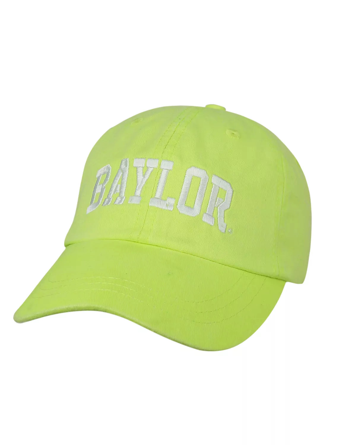 Neon yellow Baylor University adjustable hat with white stitching. 

