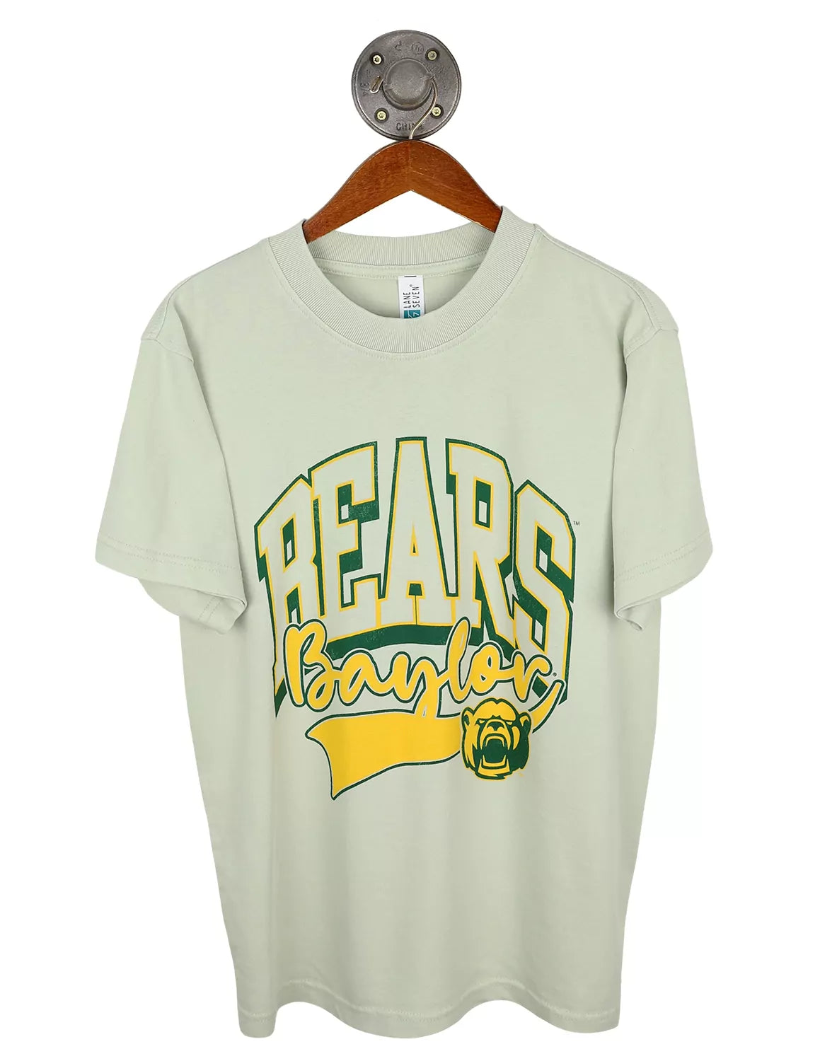 Pistachio unisex Baylor University t-shirt with a Bear logo and green and gold lettering. 