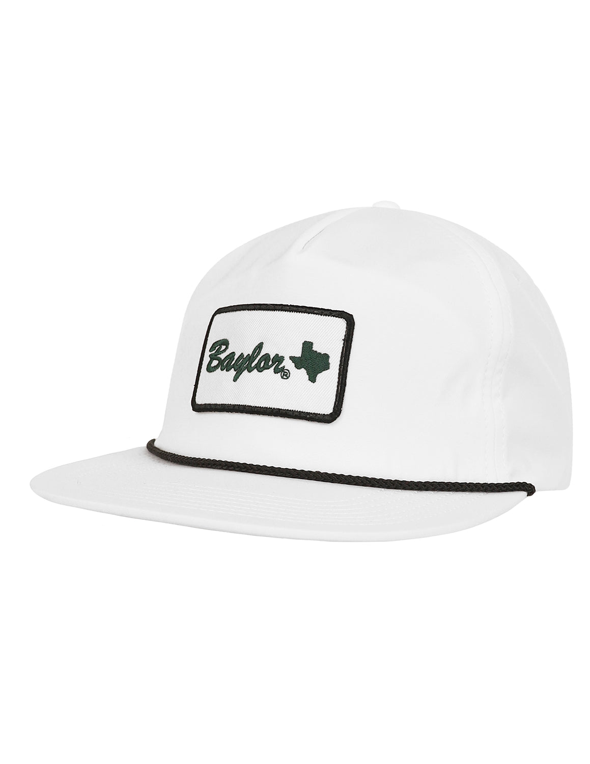 White Baylor University rope hat that features a black brim rope detail and a patch on the front. 