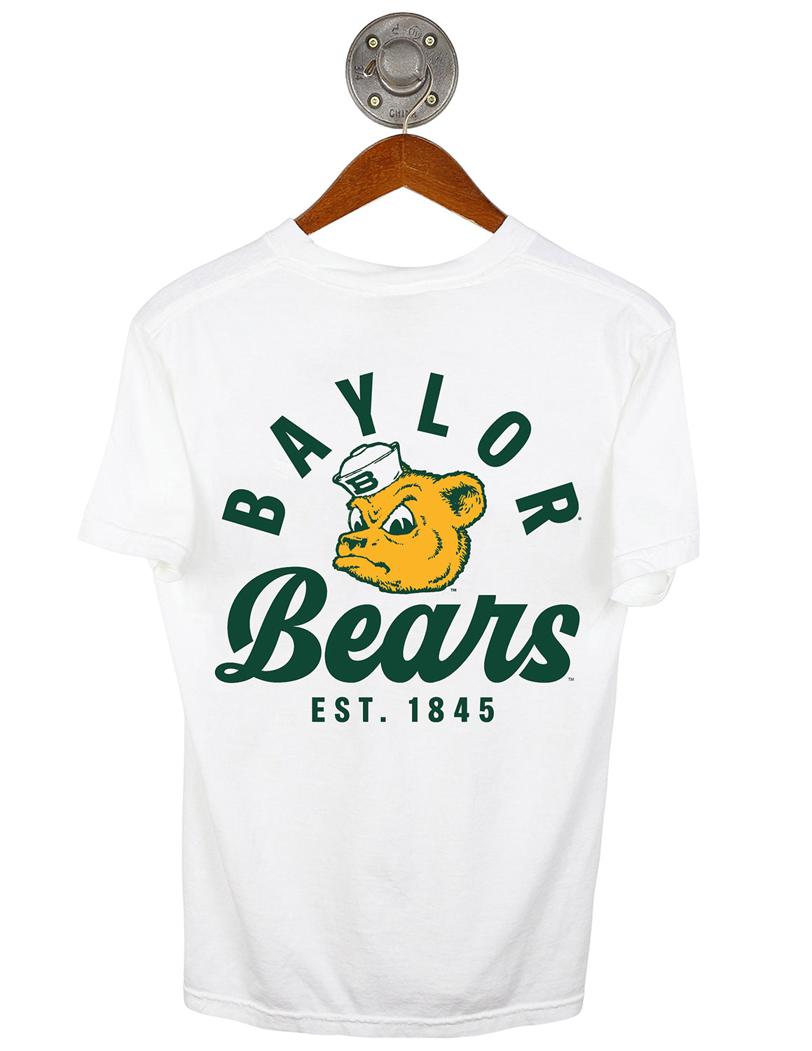 Back-view of white Baylor University unisex t-shirt that features a large design of a BU logo with green lettering surrounding the logo. 