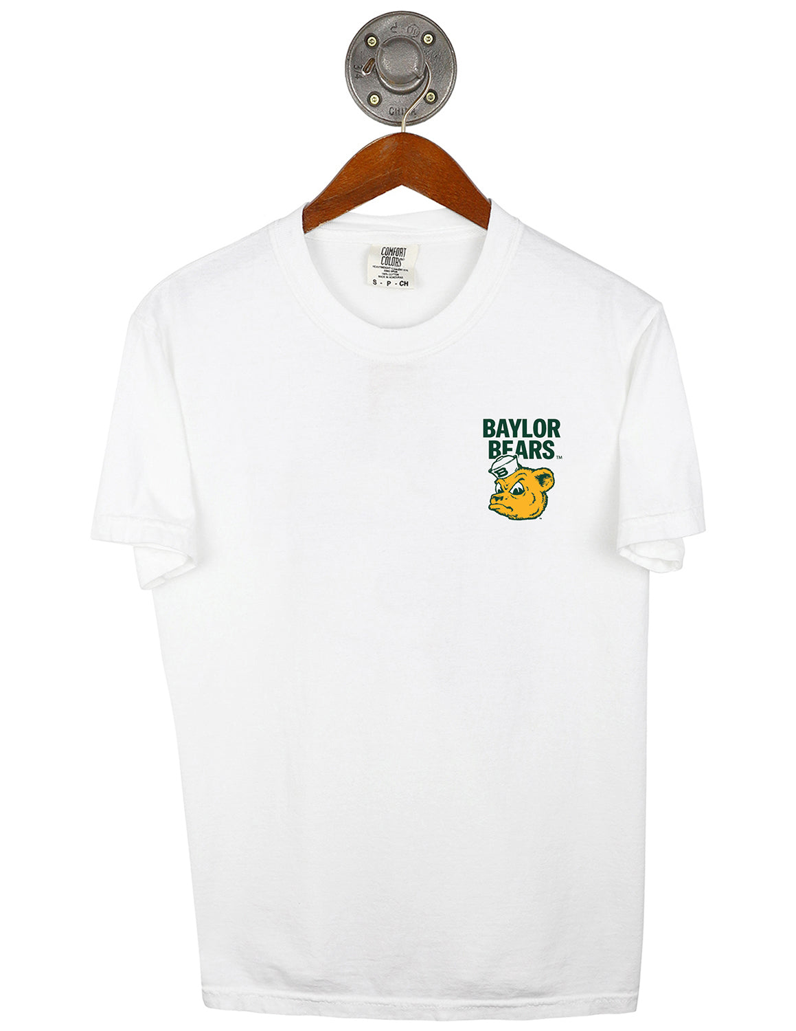 Front-view of white Baylor University unisex t-shirt that features a left chest design of a BU logo with green lettering. 