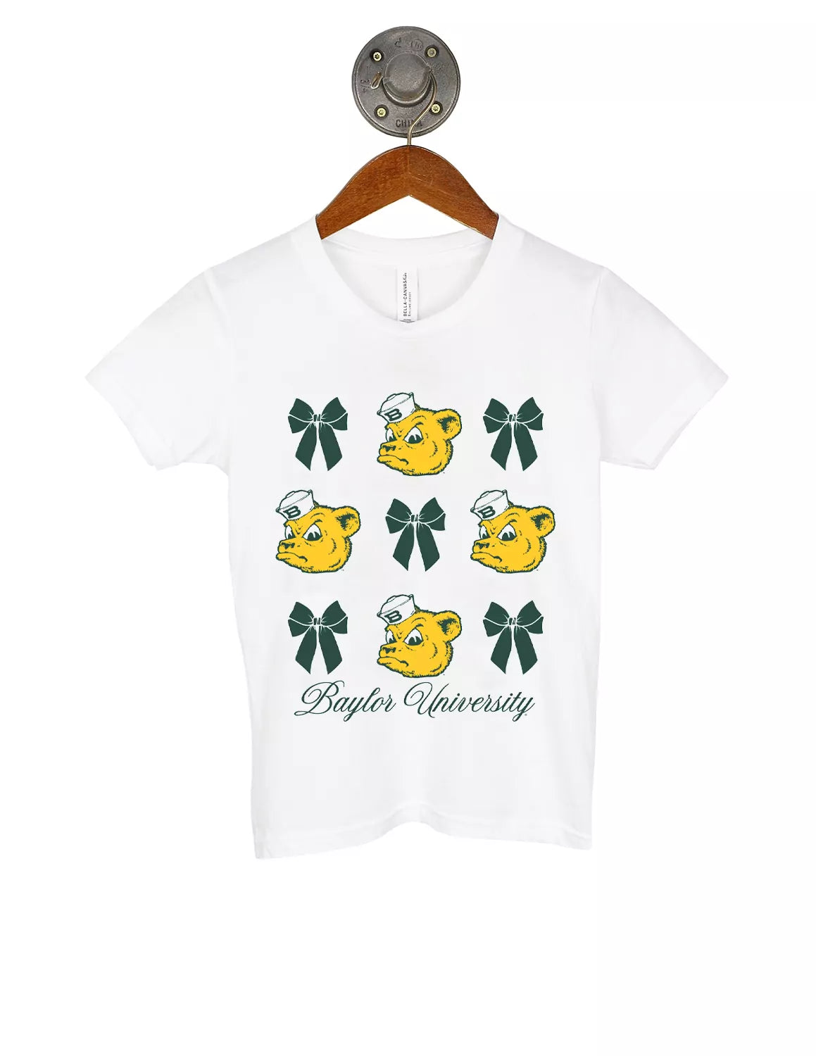 White youth Baylor University t-shirt that features an alternating bow and BU mascot logo with green lettering.