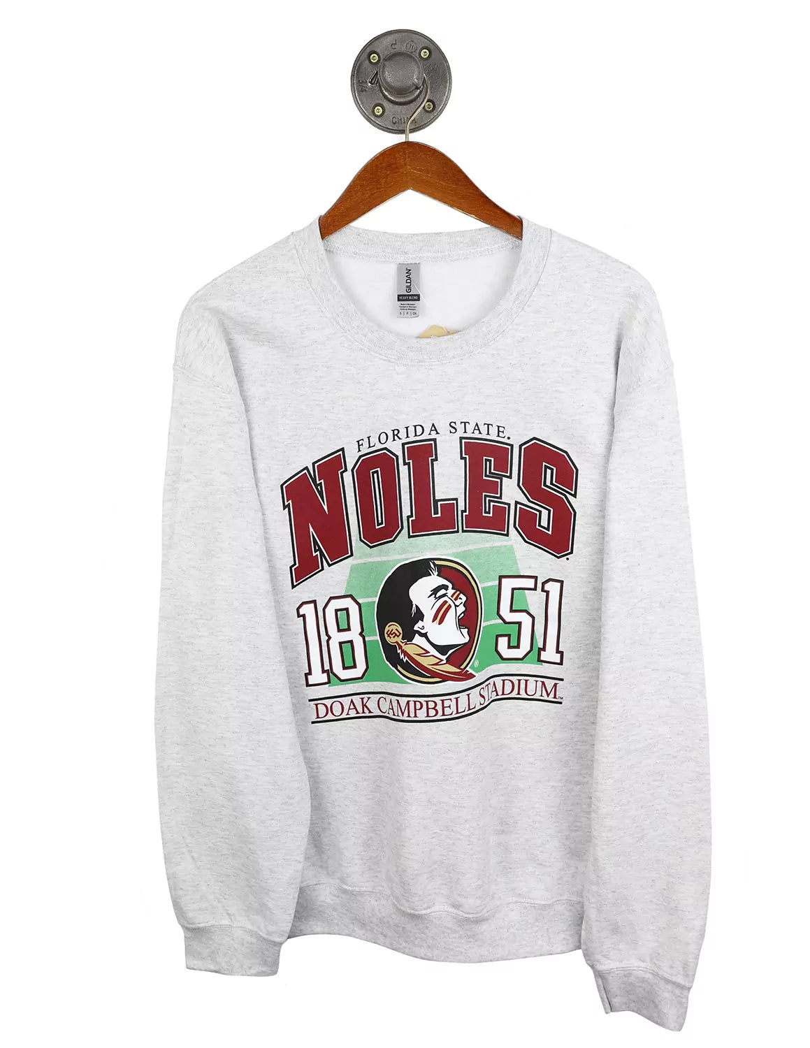 Ash grey Florida State University unisex creweck sweatshirt featuring "Noles" text with a FSU logo and a football field graphic in the background. 