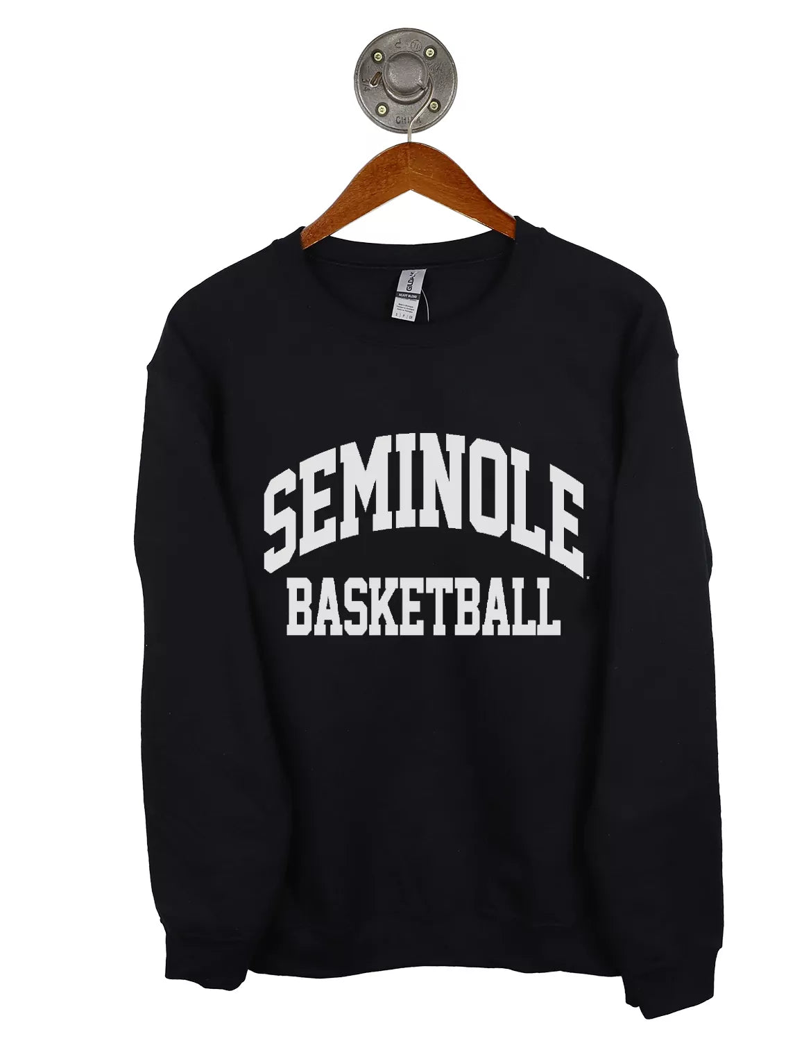 Black Florida State University Gildan unisex crewneck sweatshirt with white "Seminole Basketball" lettering. 