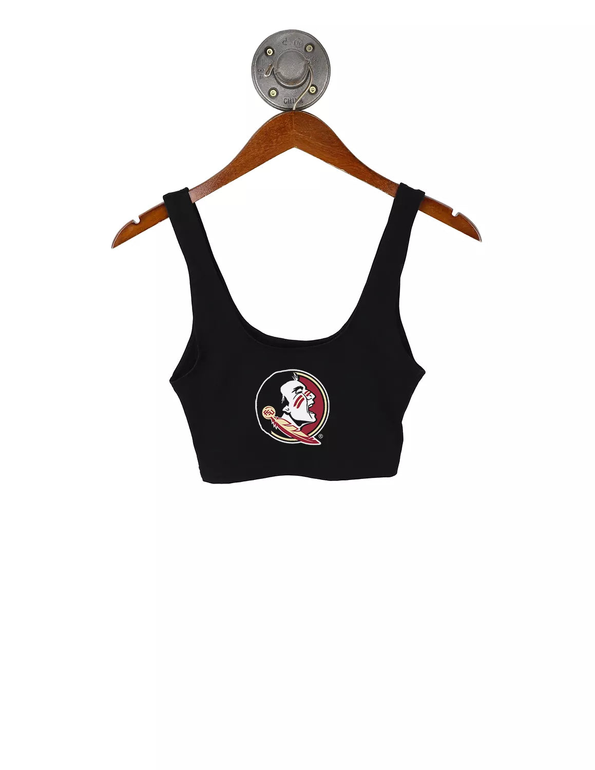 Black Florida State University women's crop tank that features thick straps and a Seminole logo on the front. 