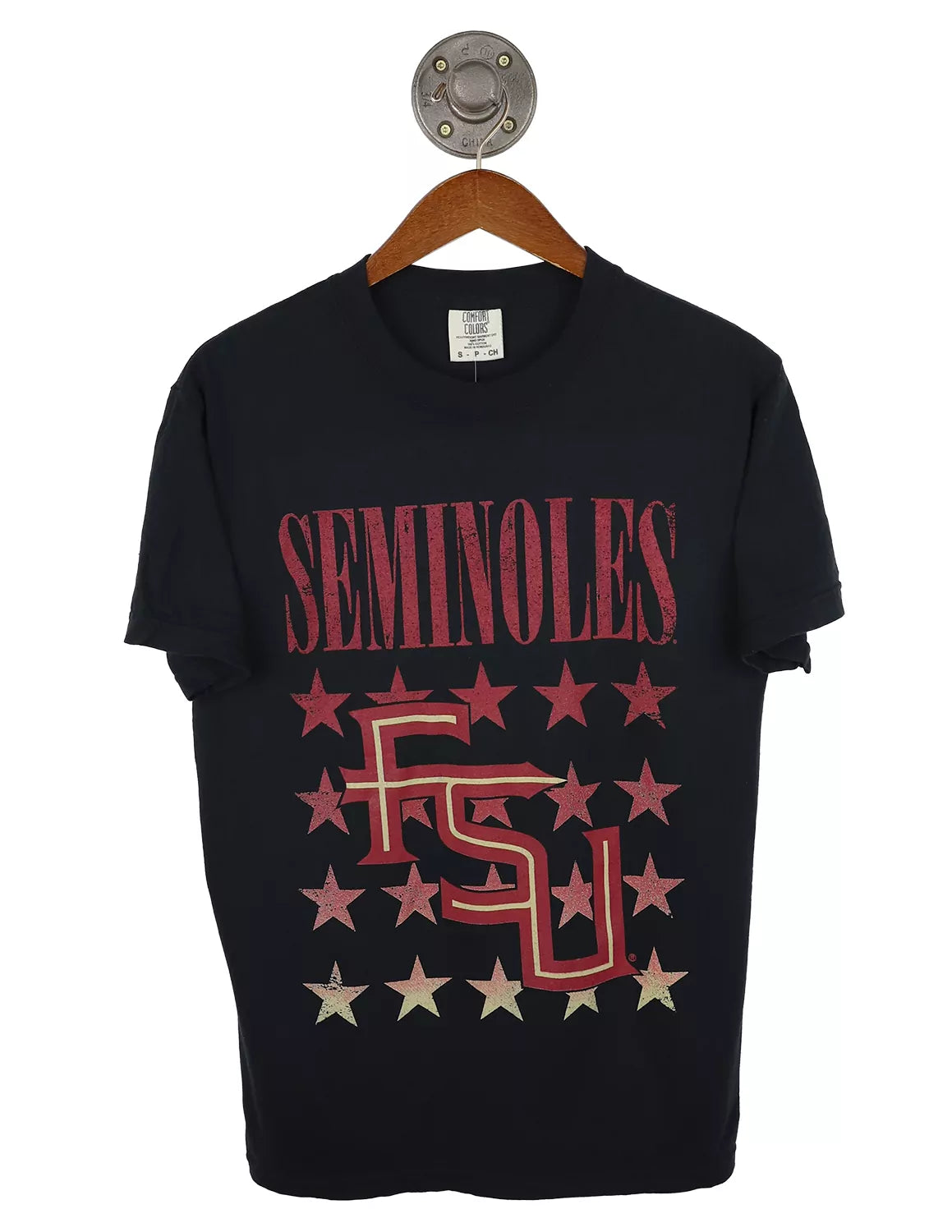Black Unisex Florida State University Comfort Colors t-shirt featuring "Seminoles" text with a FSU logo surrounded by stars. 