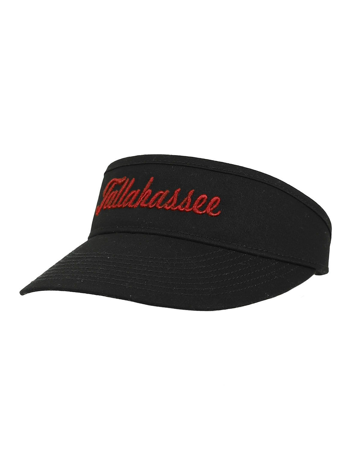 Black Florida State University unisex visor that features a red "Tallahassee" embroidery lettering.