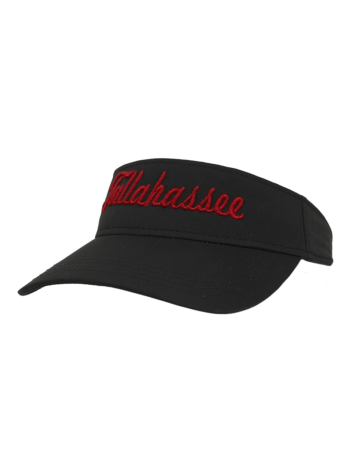 Black Florida State University unisex visor that features a red script "Tallahassee" text on the front. 