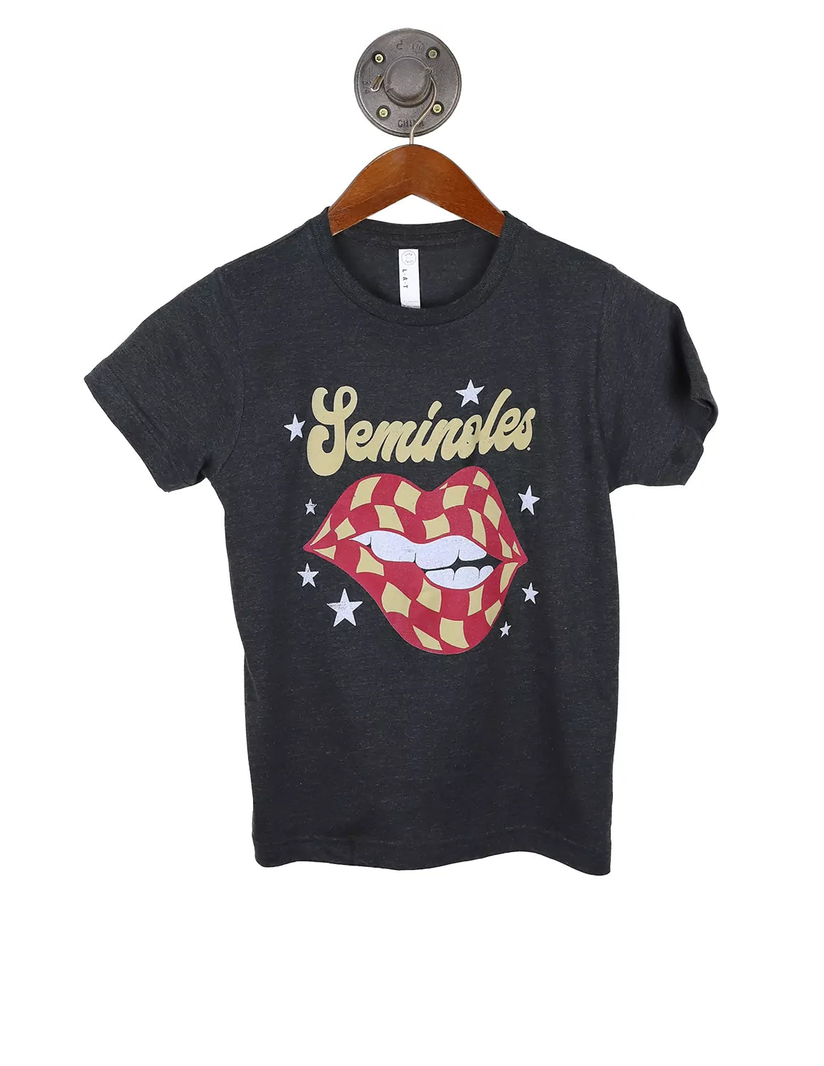 Black youth Florida State University t-shirt that features a checkered lips graphic with white stars and gold lettering. 