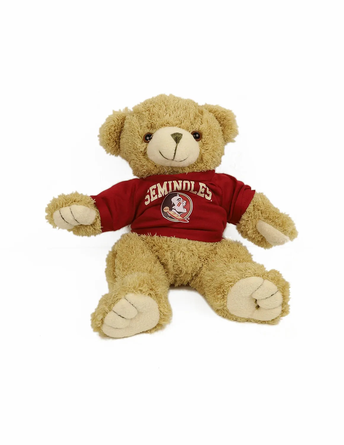 Florida State University brown Teddy Bear plush wearing a garnet t-shirt with a Seminoles logo on the front. 