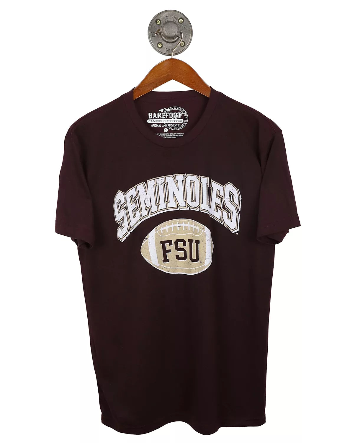 Cardinal black Florida State University unisex t-shirt that features a football graphic with white and gold lettering. 