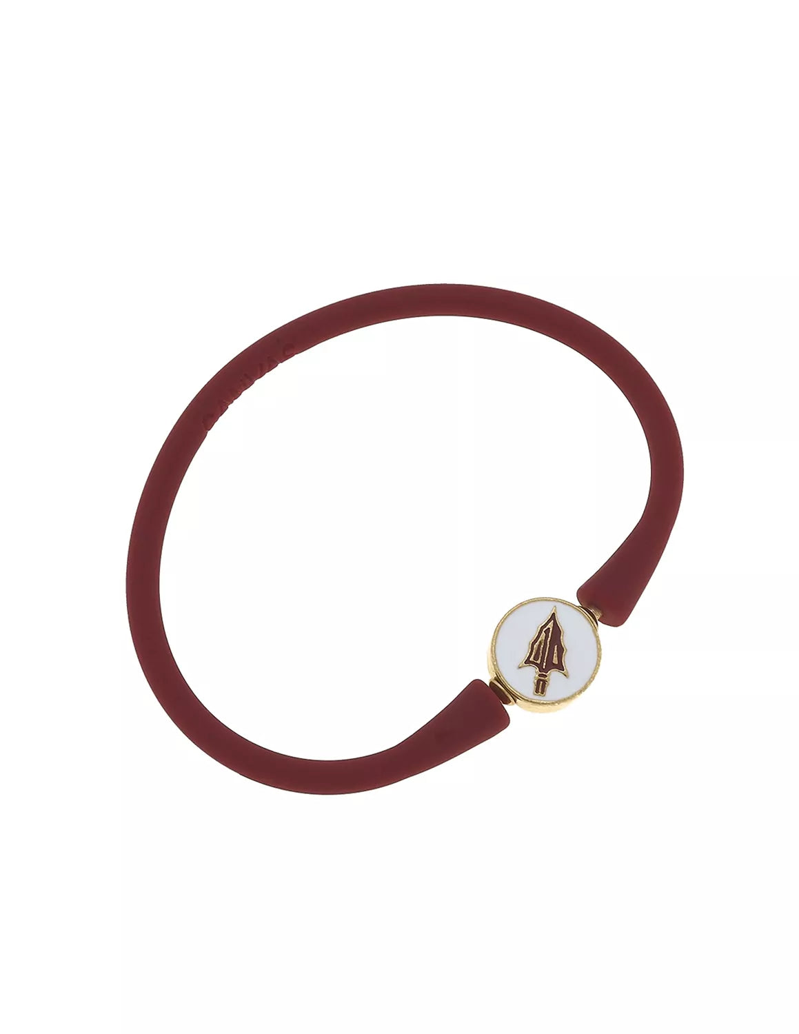 Garnet Florida State University bali bracelet featuring a silicone band and a FSU Charm. 
