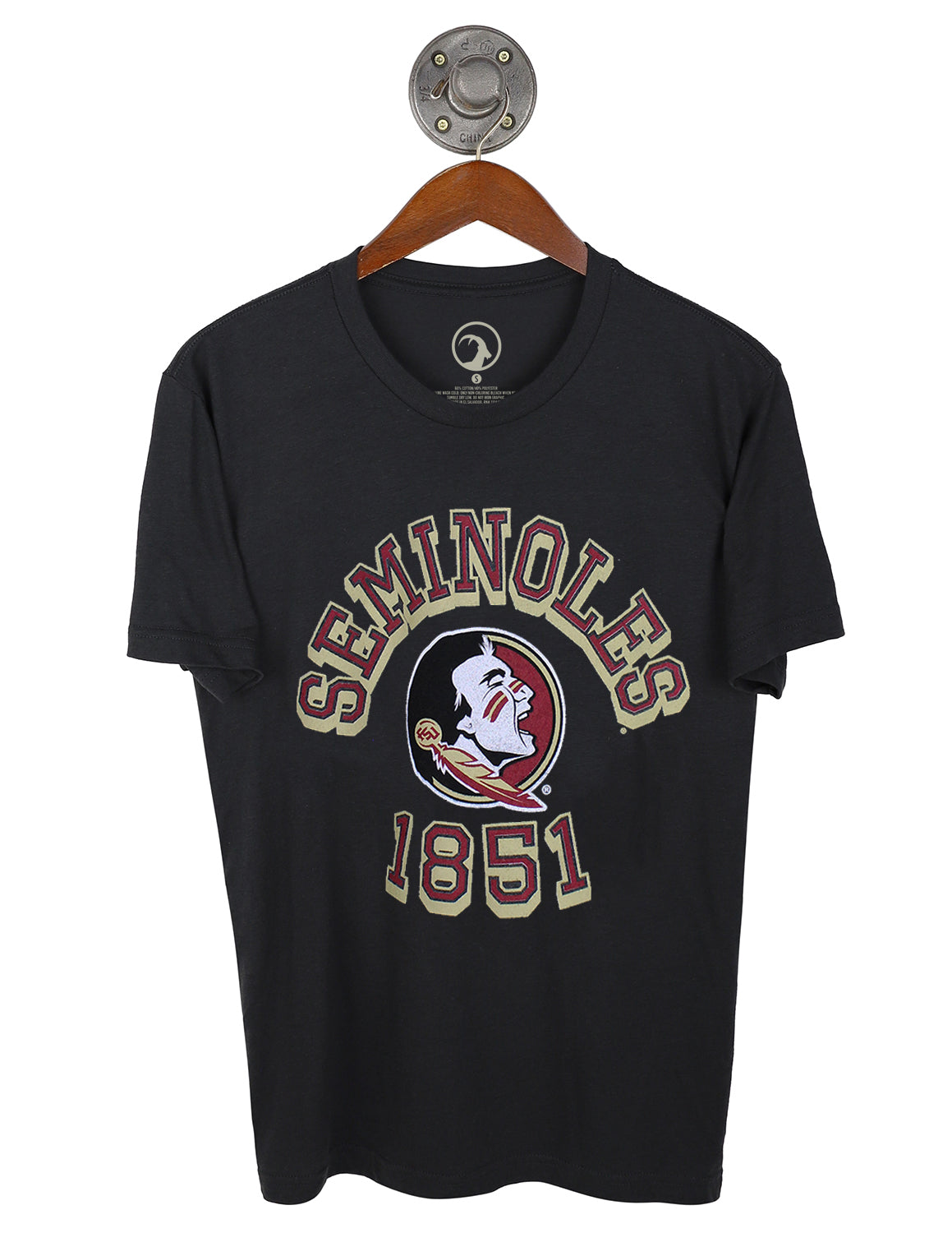 Graphite black unisex Florida State University t-shirt that features a Florida State logo in the center with gold and red lettering. 