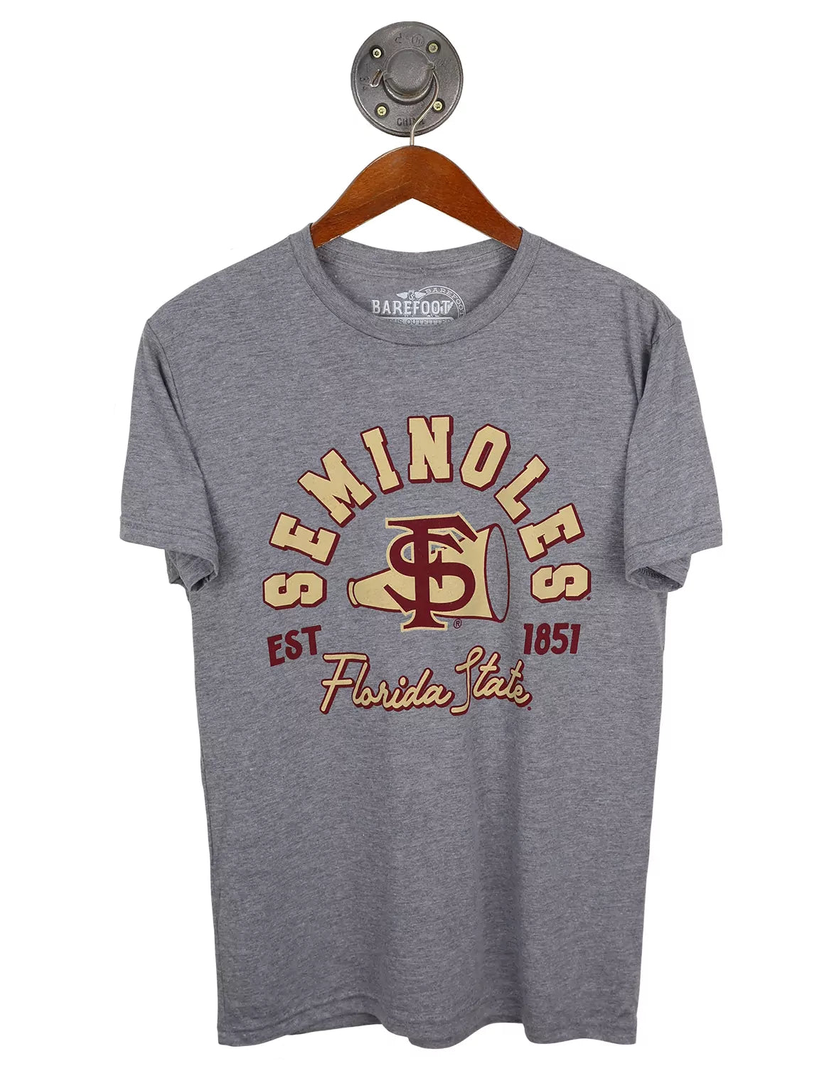 Heather grey Florida State University unisex t-shirt with a FSU logo and garnet and gold lettering. 