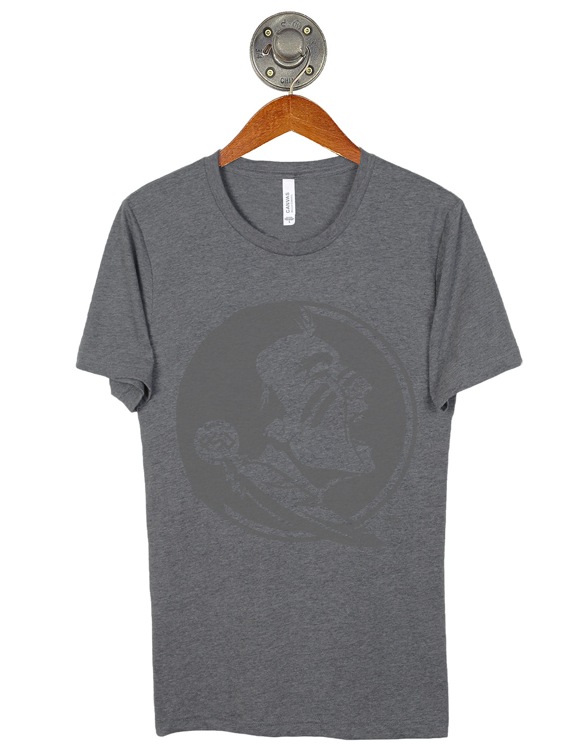 Heather grey Florida State University unisex t-shirt that features a large grey Florida State logo in the center. 