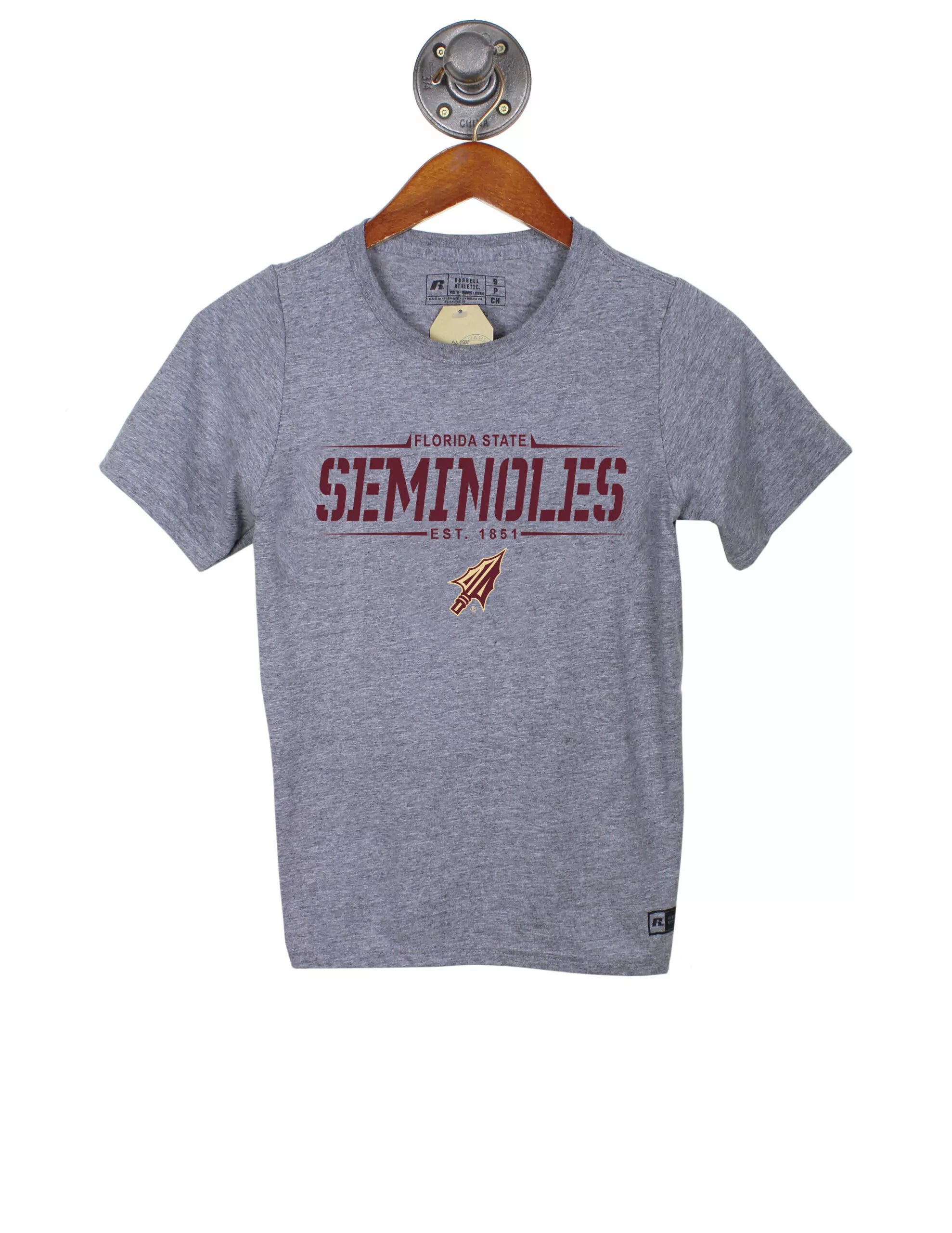 Heather grey Florida State University youth t-shirt that features a FSU spear logo with garnet lettering. 