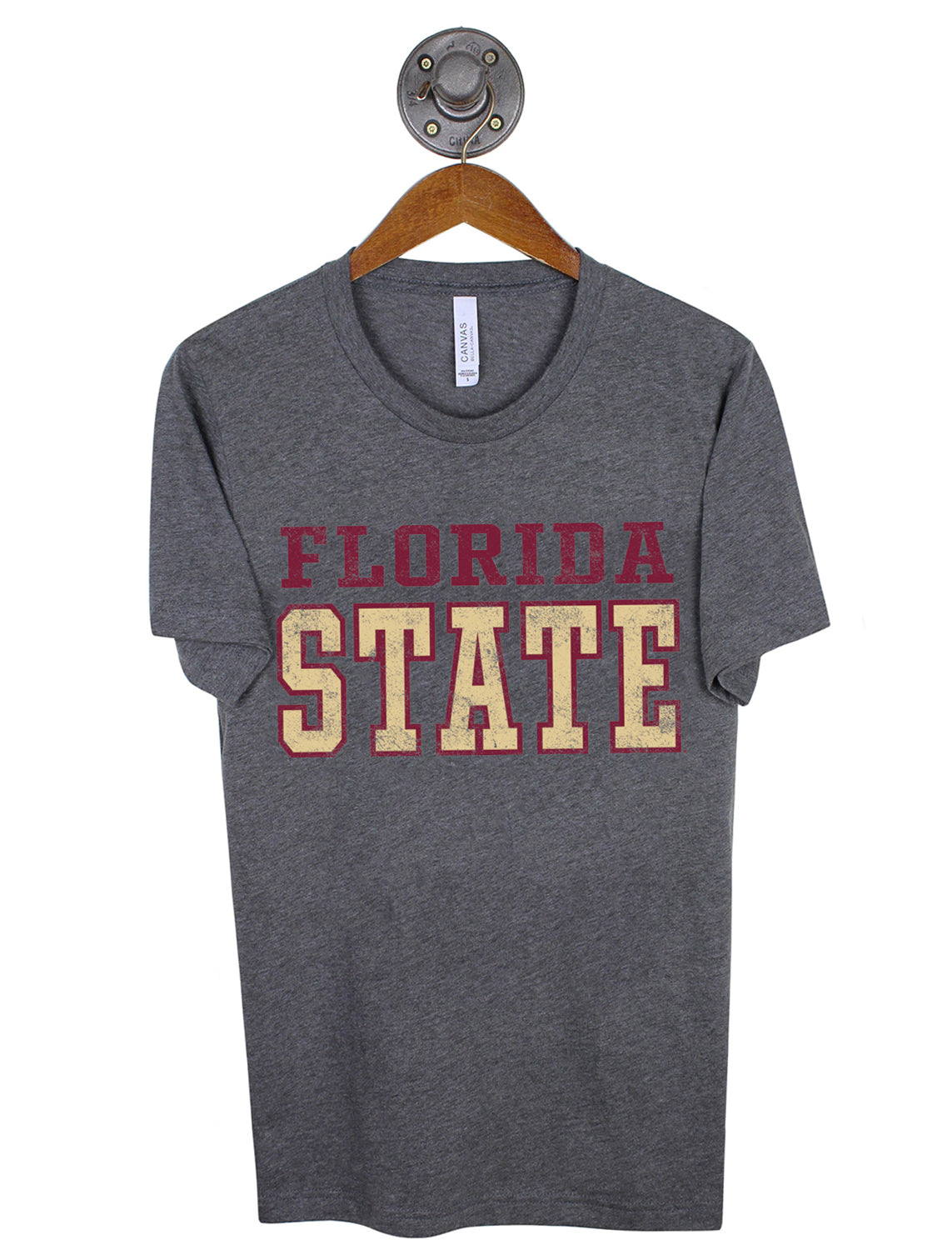 Heather grey Florida State University unisex short-sleeve t-shirt that features red and gold lettering. 