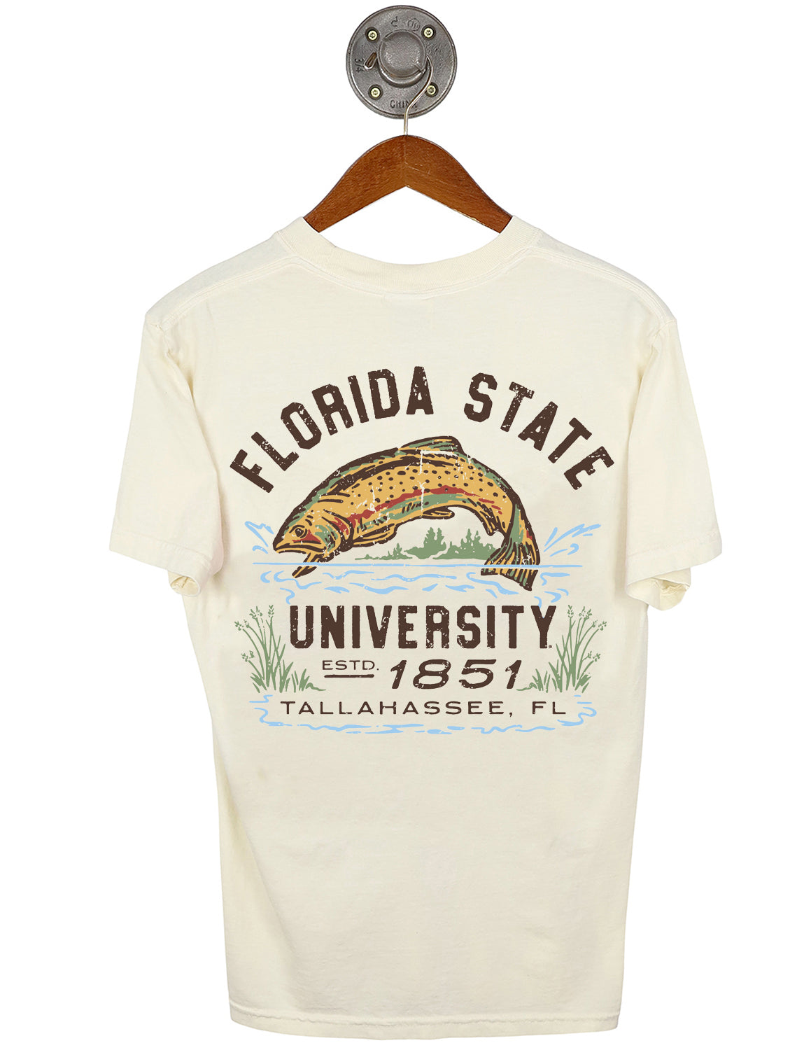 Back-view of ivory Florida State University unisex short-sleeve t-shirt that features a fish jumping out of water graphic with brown lettering. 