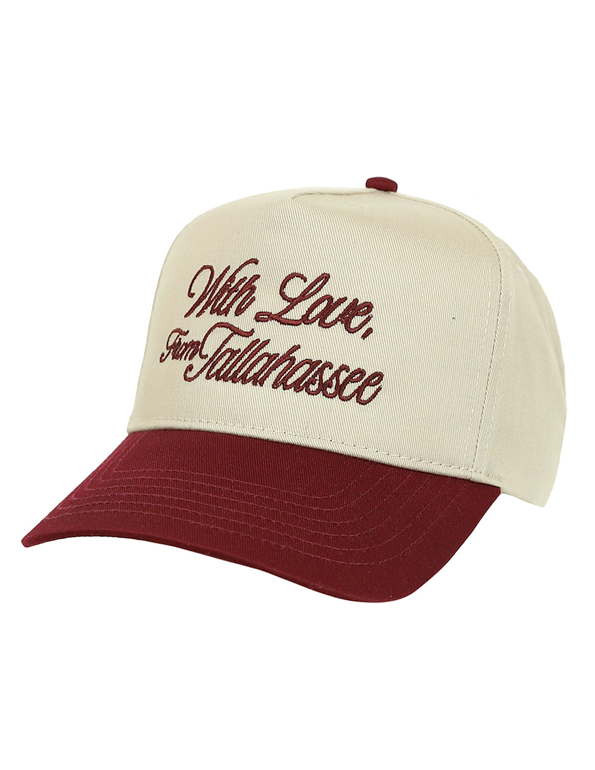 Khaki Florida State University unisex hat that features a garnet brim and garnet embroidery lettering. 