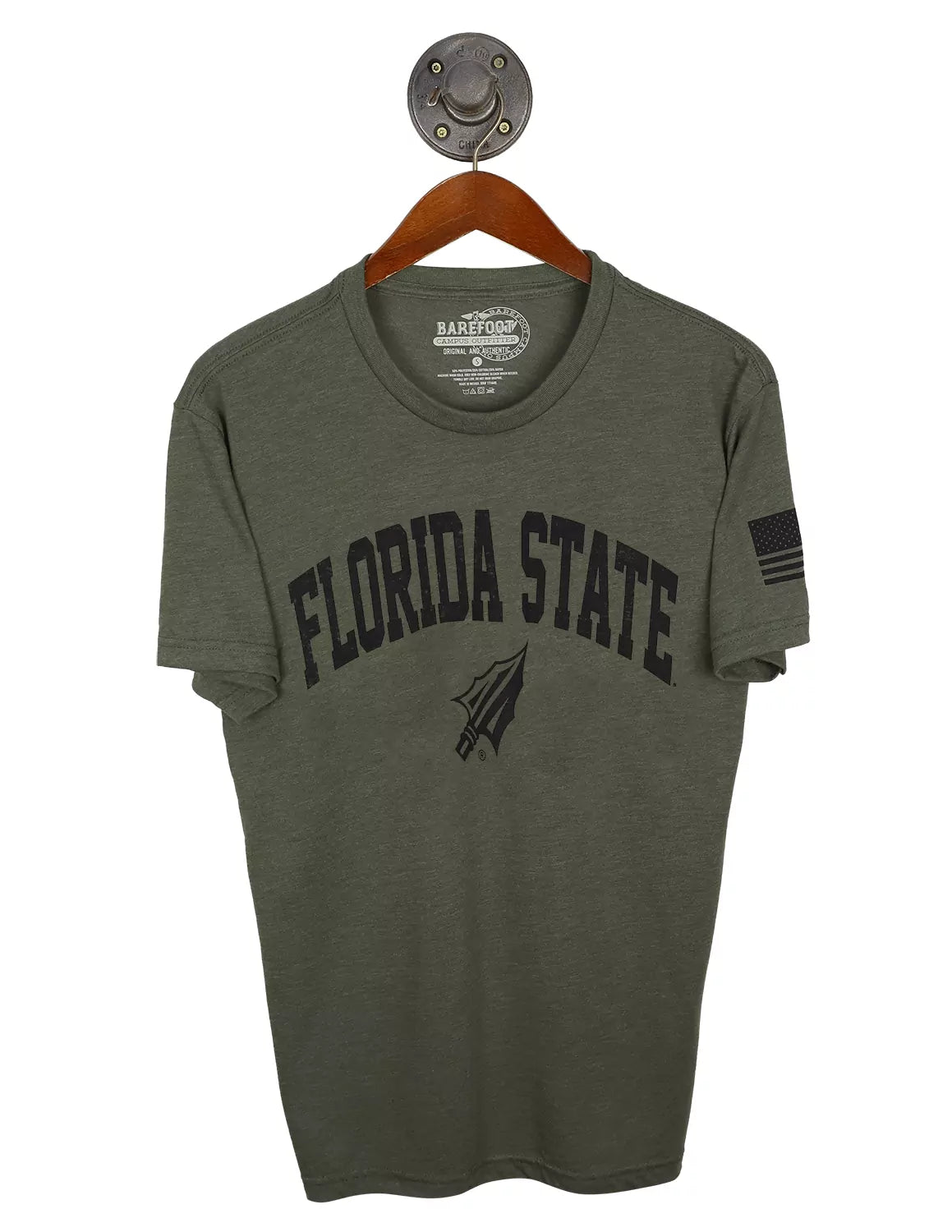 Military green unisex Florida State University t-shirt with black lettering and an American flag on the sleeve. 