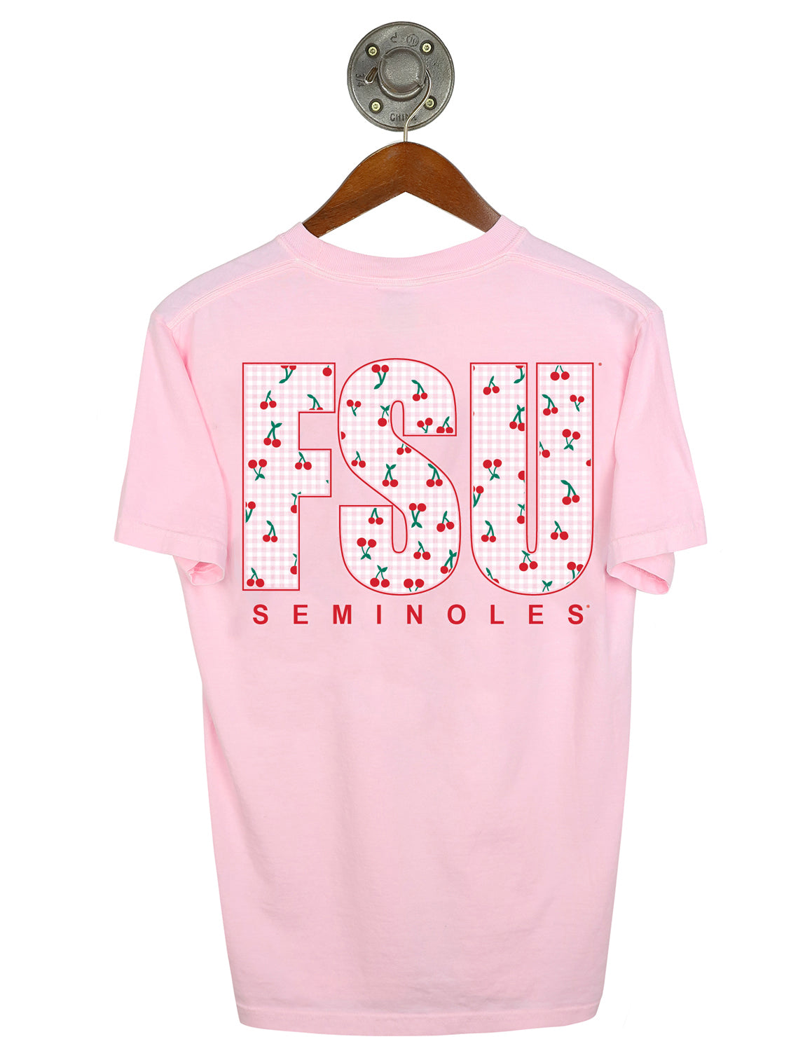 Back-view of pink Florida State University unisex short-sleeve t-shirt featuring "FSU" in large block letters filled with cherry graphics and a white gingham pattern. 
