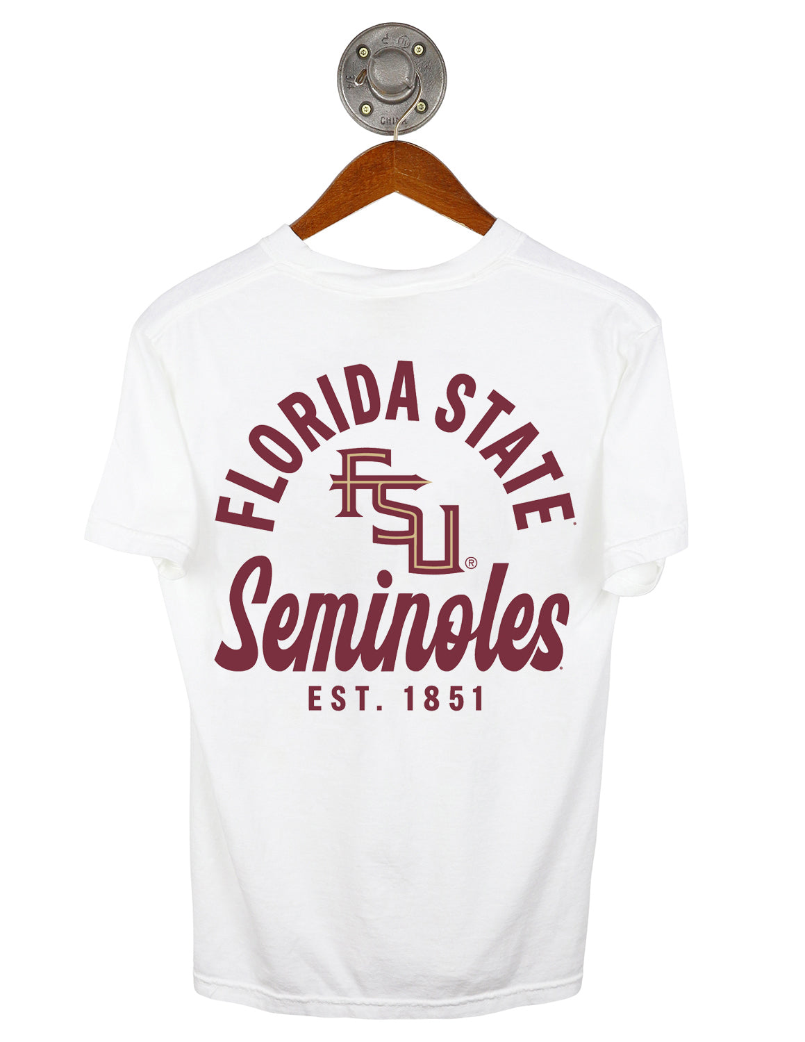 Back-view of white Florida State University unisex short-sleeve t-shirt that features "Florida State Seminoles" garnet text surrounding a FSU logo. 