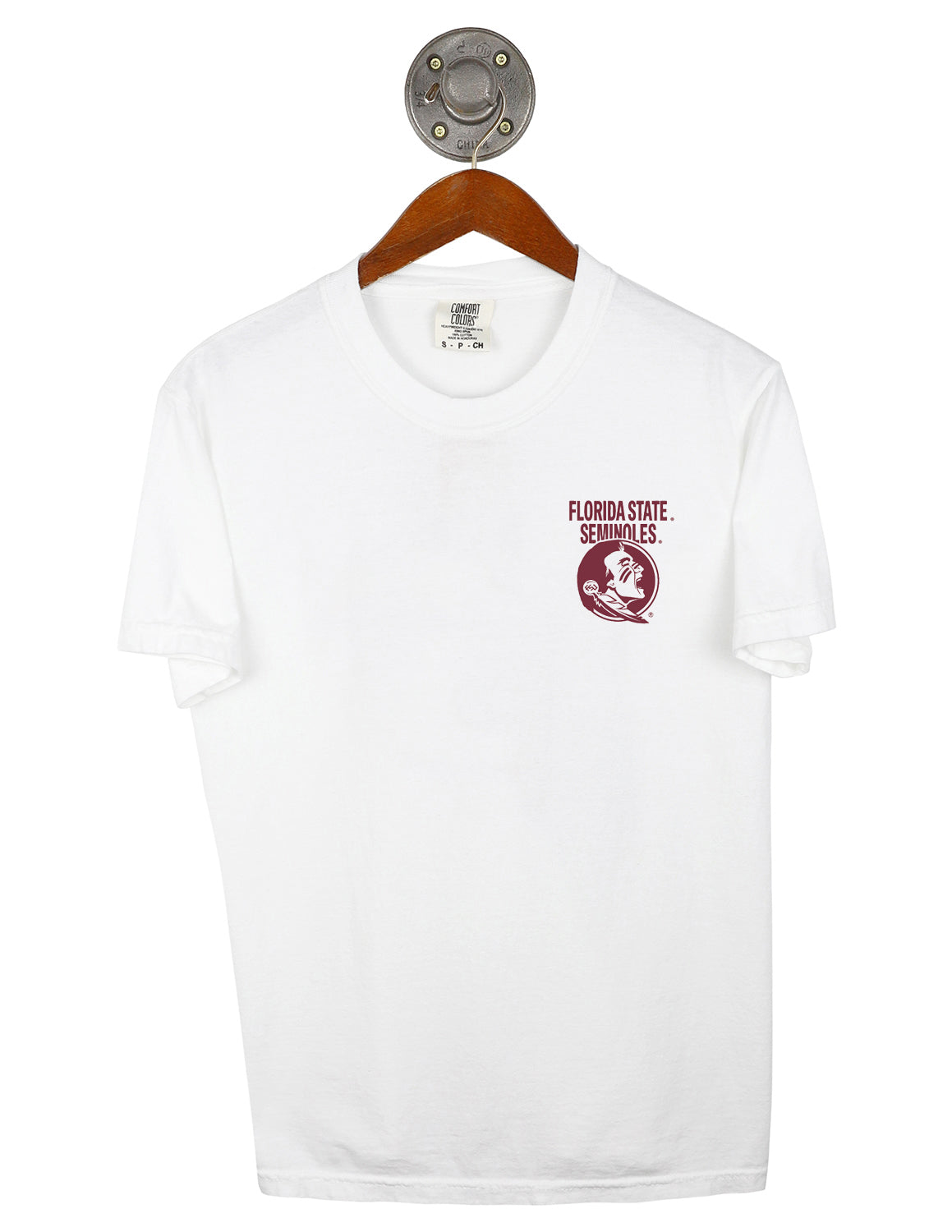 Front-view of white Florida State University unisex short-sleeve t-shirt featuring "Florida State Seminoles" garnet lettering above a FSU logo on the left chest. 