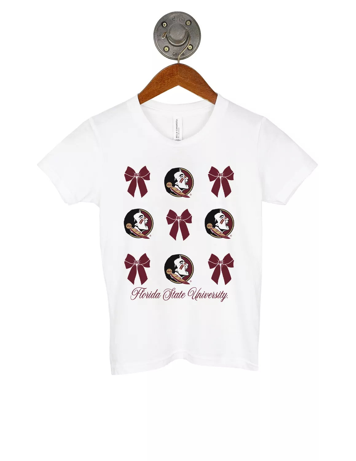 White Florida State University youth t-shirt that features an alternating bow graphic and Seminole logo stacked going down the shirt and garnet lettering at the bottom.