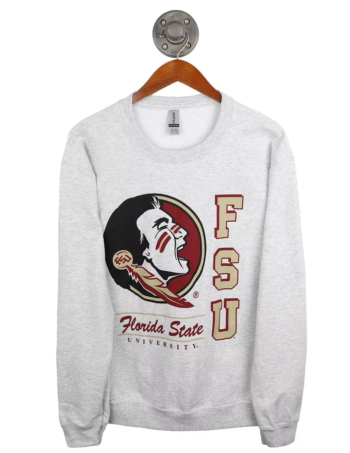 Ash grey Florida State University unisex crewneck sweatshirt with a FSU logo and garnet and gold lettering. 