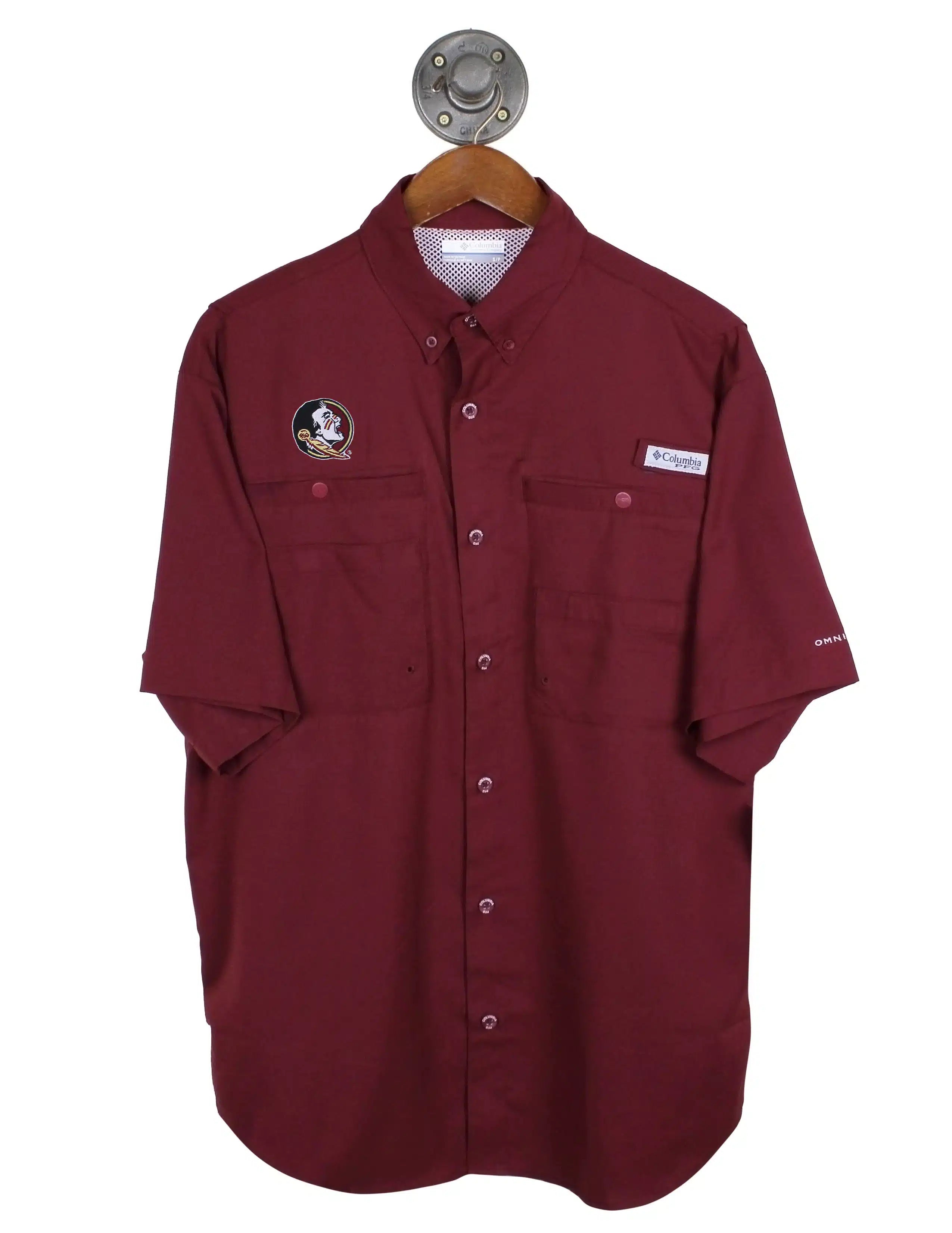 Garnet Florida State University Columbia Tamiami shirt featuring a Seminole logo on the right chest and a mesh back.