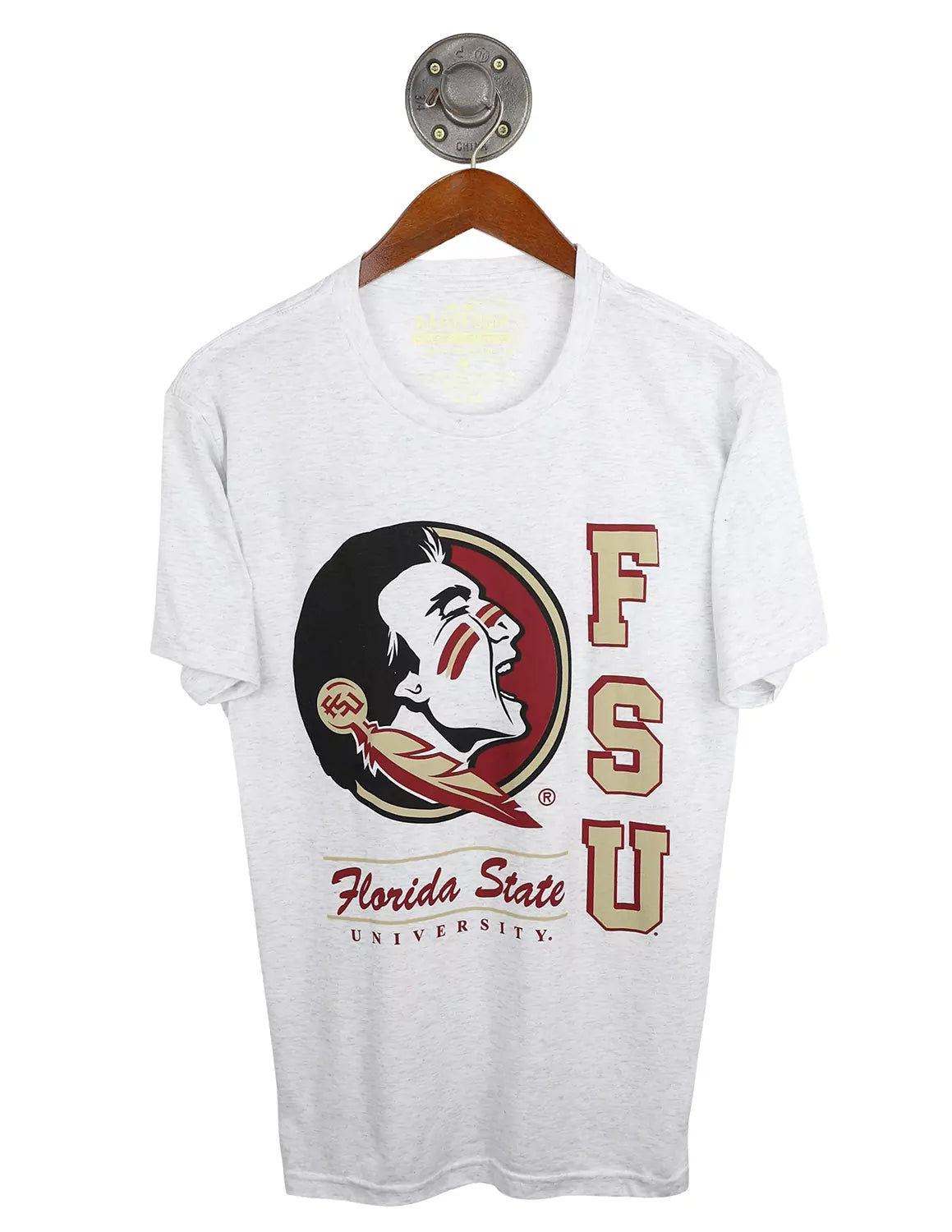 Heather white Florida State University unisex t-shirt with a FSU logo and garnet and gold lettering.