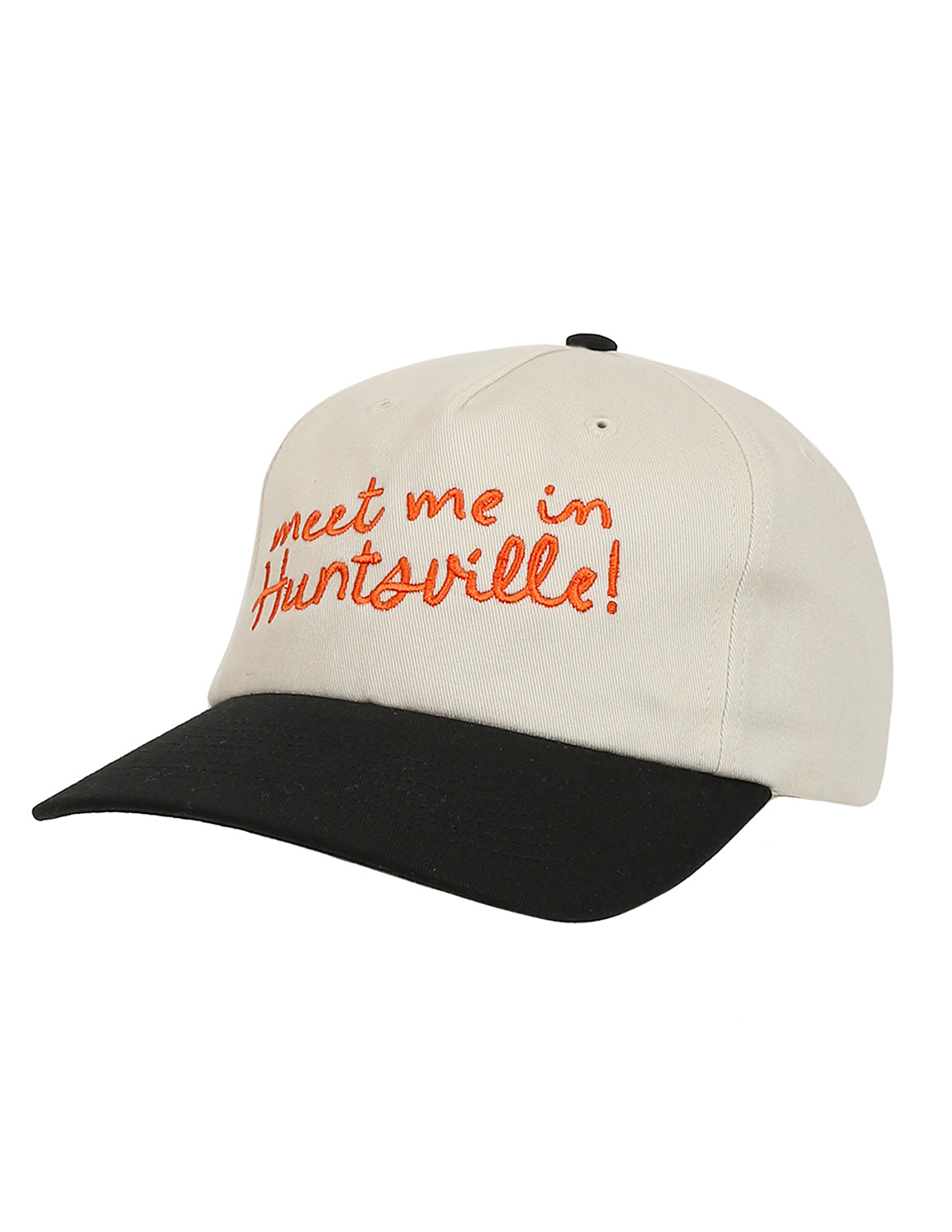 Cream and black Huntsville, TX unisex trucker cap that features orange sitiching. 
