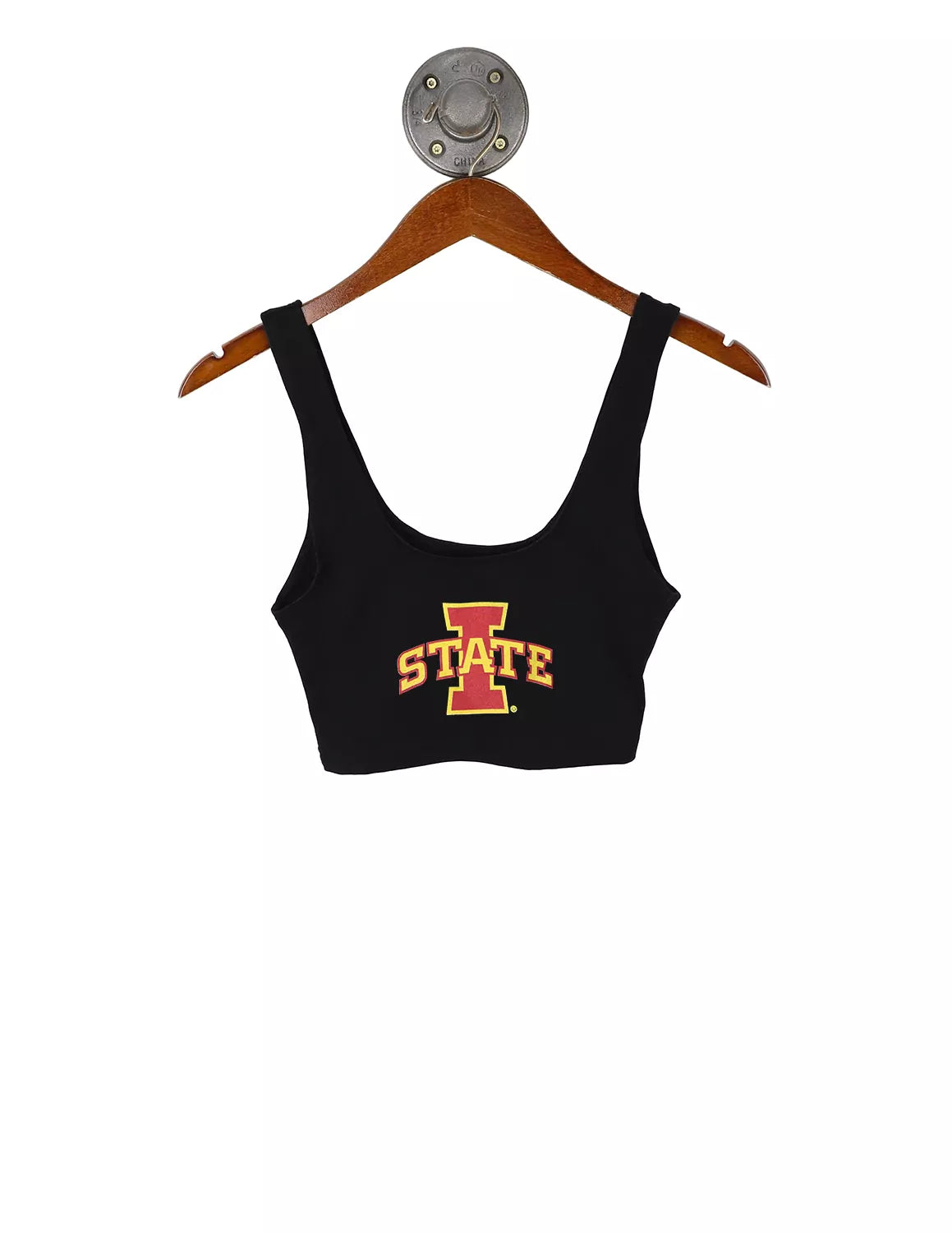 Black Iowa State University crop tank that features thick straps with an Iowa State logo on the front. 