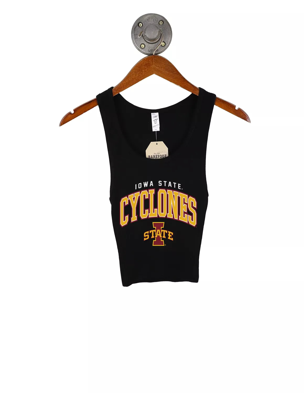 Black Iowa State University ladies crop tank that features "Iowa State Cyclones" lettering above a ISU logo.