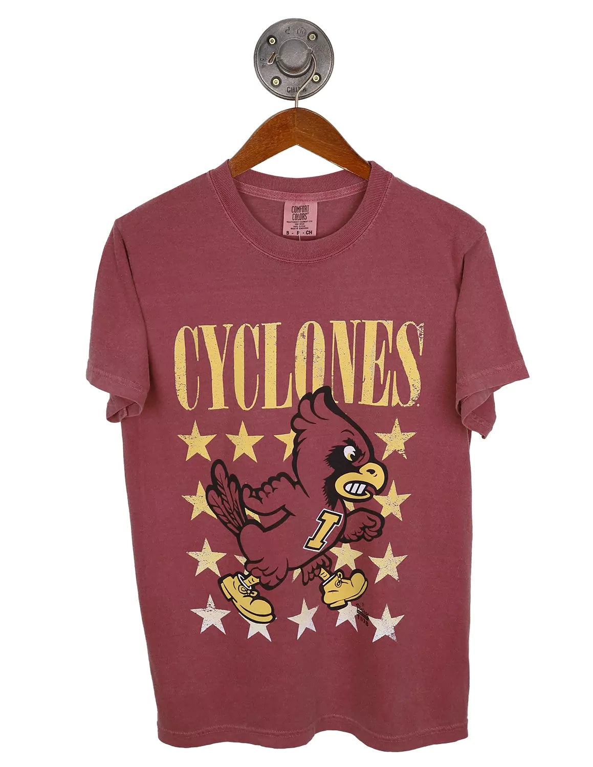 Cardinal Iowa State University unisex Comfort Colors t-shirt featuring "Cyclones" text with a ISU logo surrounded by stars. 