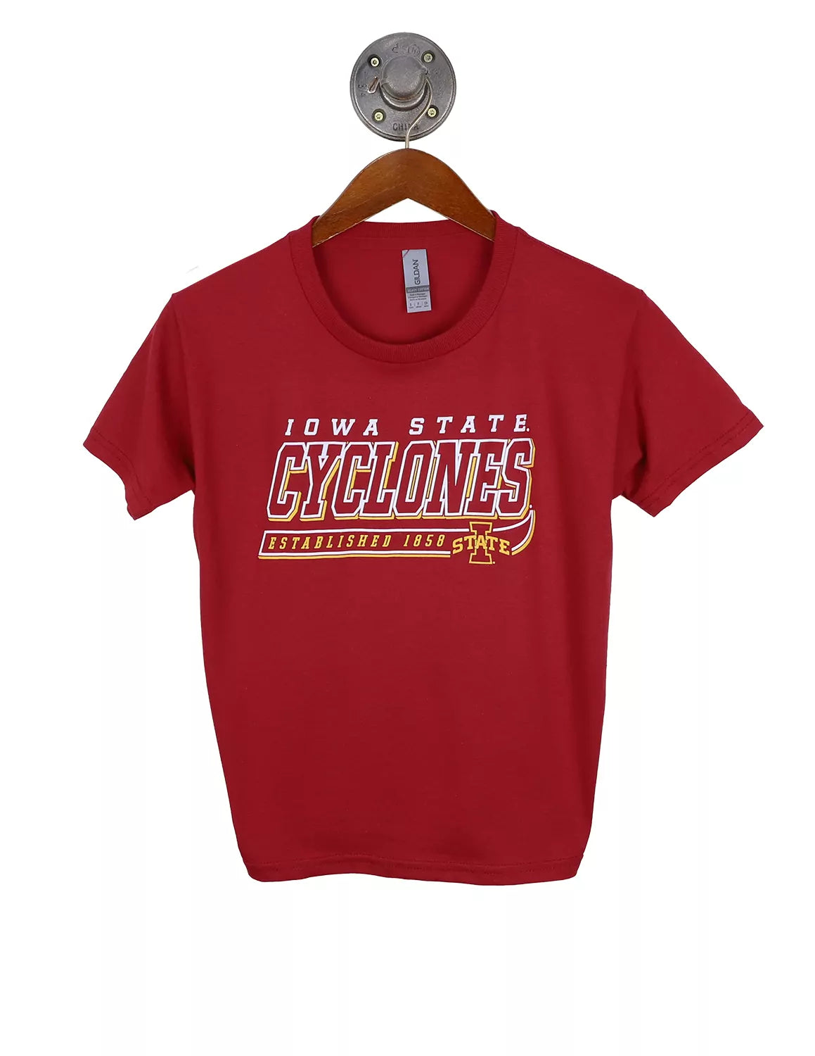 Cardinal youth Iowa State University t-shirt featuring "Cyclones" text with gold and white lettering. 